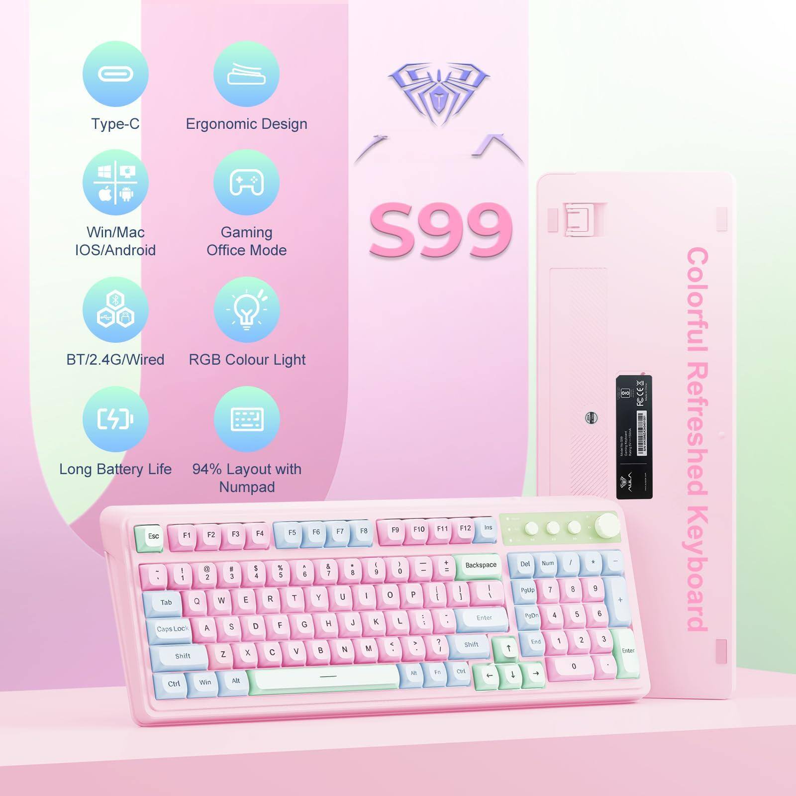 Sure, here is the corrected and grouped text from the image:

---

**Type-C Ergonomic Design**

- **IOS/Android Win/Mac Office Gaming Mode**
- **S99**
- **BT/2.4G/Wired RGB Colour Light**
- **Long Battery Life**
- **94% Layout with Numpad**

**Features:**
- Type-C
- Ergonomic Design
- Win/Mac IOS/Android
- Gaming Office Mode
- BT/2.4G/Wired
- RGB Colour Light
- Long Battery Life
- 94% Layout with Numpad

**Keyboard Layout:**
- Esc F1 F2 F3 F4 F5 F6 F7 F8 F9 F10 F11 F12 Ins
- 1 2 3 4 5 6 7 8 9 0 - = Backspace
- Tab Q W E R T Y U I O P [ ] \
- Caps Lock A S D F G H J K L ; ' Enter
- Shift Z X C V B N M , . / Shift
- Ctrl Win Alt Spacebar
- Num Lock 7 8 9 + Backspace
- 