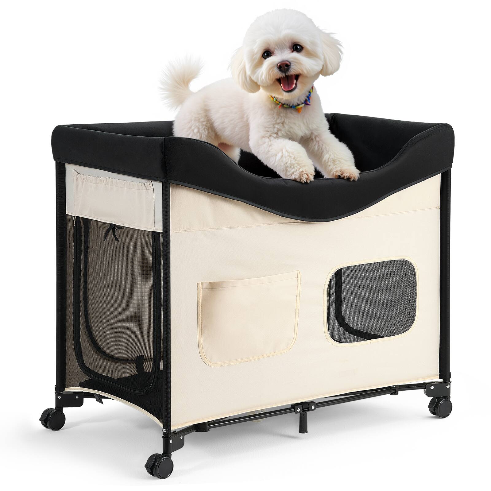 Front. VEVOR - Elevated Lounge Pet Bed, Foldable Bunk Dog Bed with 600D Oxford Cloth and Dutch Velvet,with Wheels, Side Storage Bags,XL - Beige,Black.
