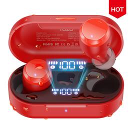 TOZO - T12 Earbuds Wireless, Bluetooth Headphone, Clear Sound, 55H Play, ENC Mic, IPX8, 32EQ, Wireless Charge, Comfortable Fit - Red