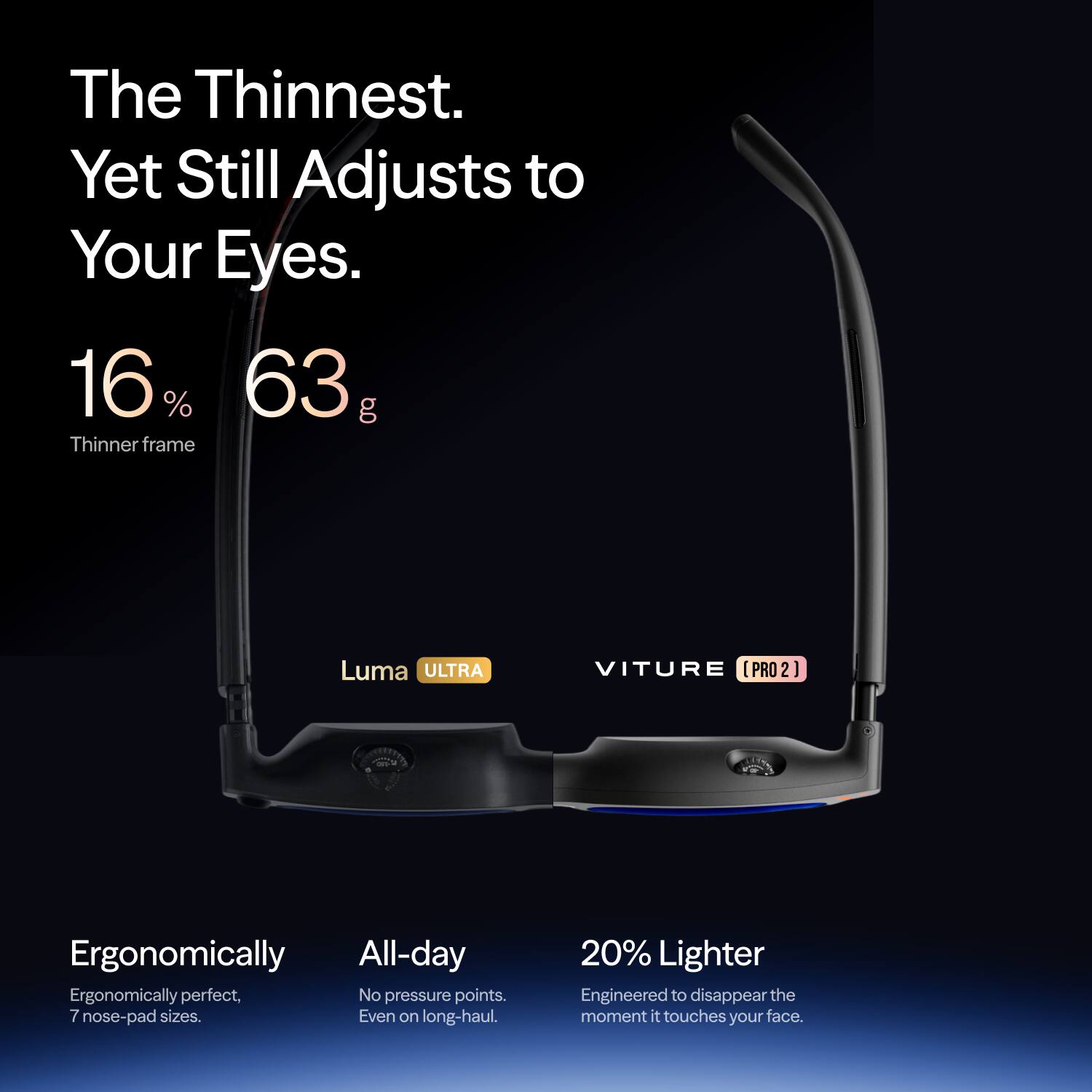 The Thinnest. Yet Still Adjusts to Your Eyes.  
16% Thinner frame  
63 g  

Luma ULTRA VITURE (PRO 2)  

Ergonomically  
Ergonomically perfect, 7 nose-pad sizes.  

All-day  
No pressure points. Even on long-haul.  

20% Lighter  
Engineered to disappear the moment it touches your face.