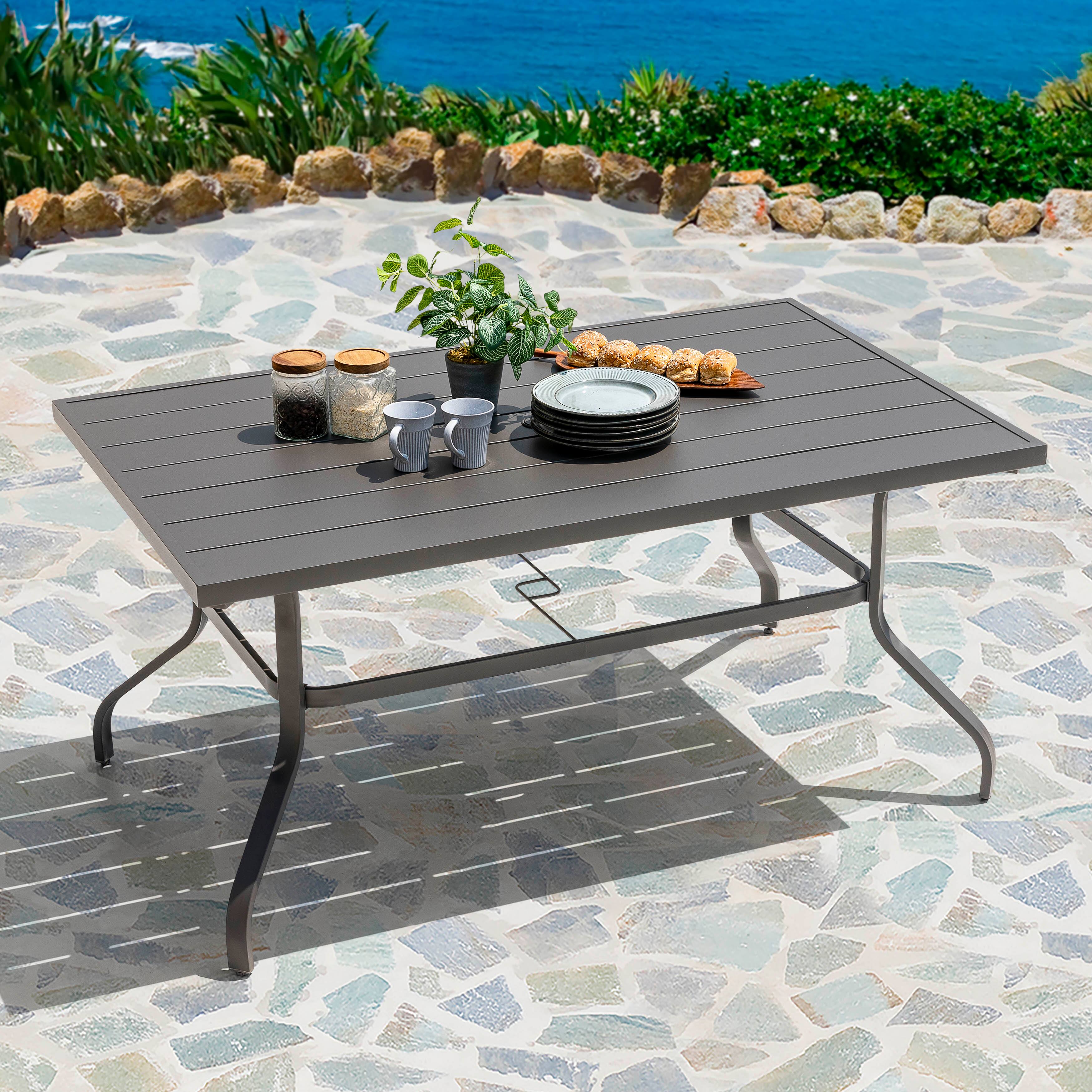 Angle. Nuu Garden - Outdoor Rectangle Powder-coated Iron Dining Table with 1.57'' Umbrella Hole, Slatted Top - Gray.