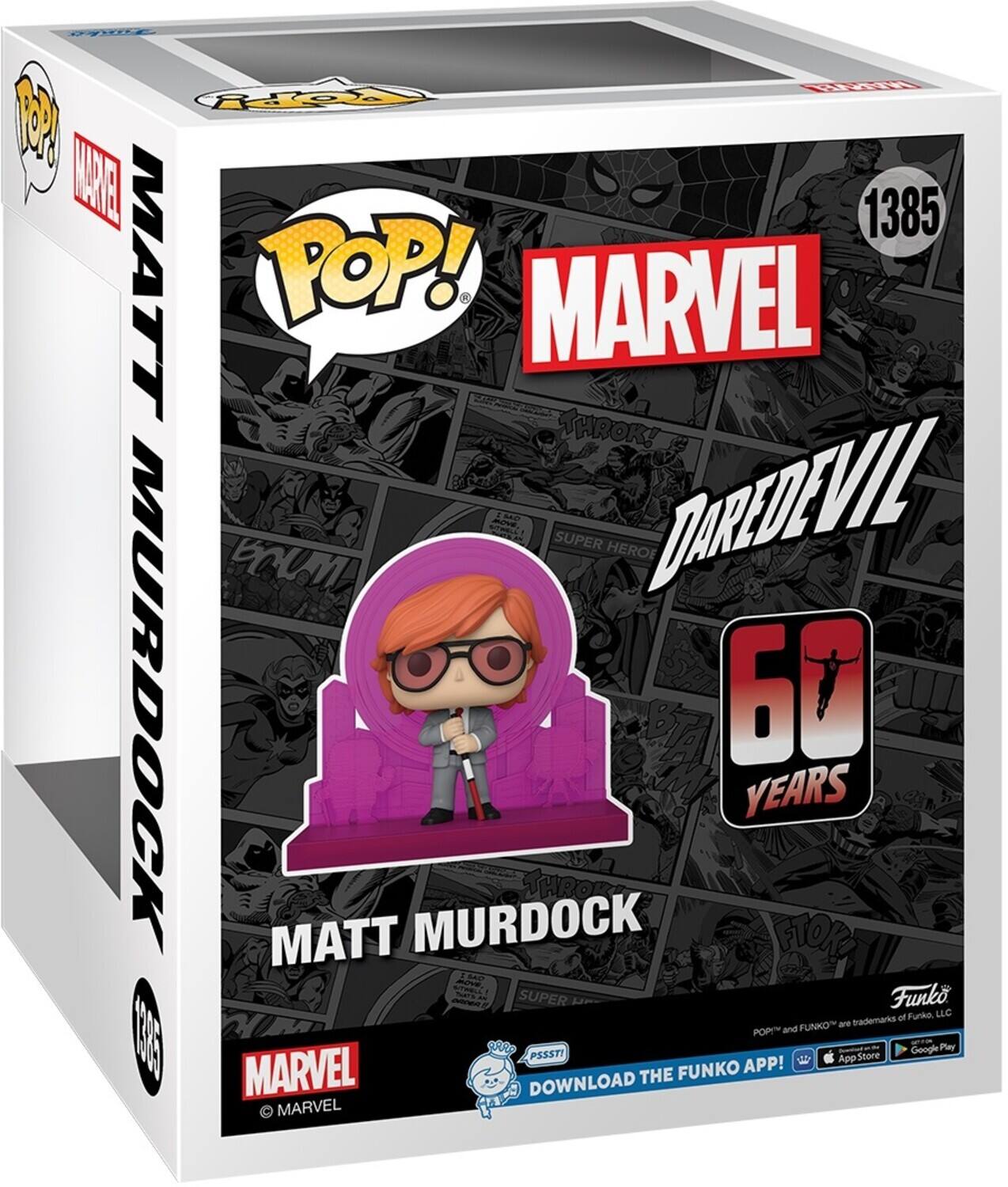MATT MURDOCK, POP!, MARVEL, DAREDEVIL, 60 YEARS, DOWNLOAD THE FUNKO APP!, App Store, Google Play, MARVEL, Funko, POP!, MARVEL, 1385, SUPER HEROE, THROKE, FUNKO, LLC, FUNKO, POP!, MARVEL