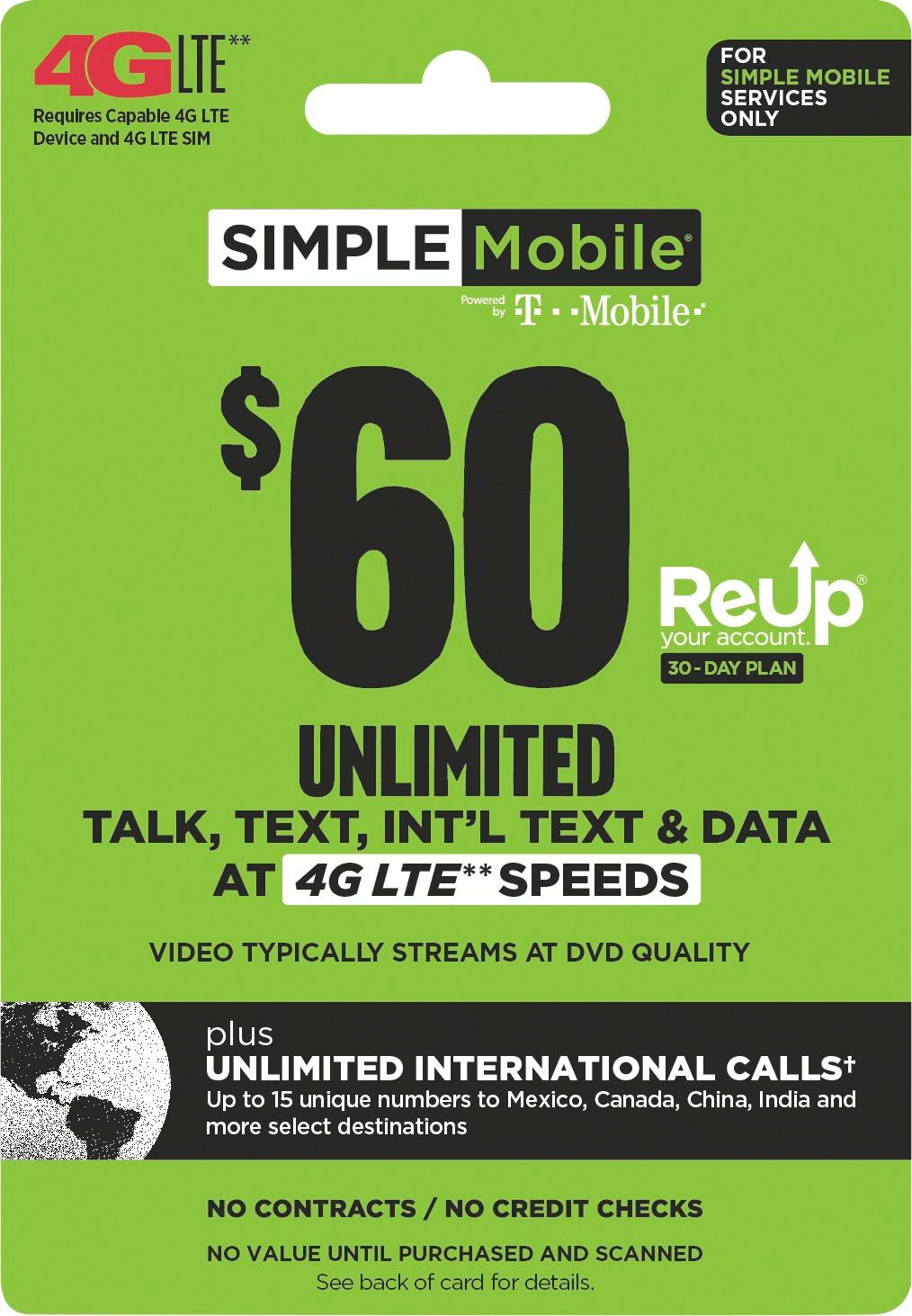 Best Buy Simple Mobile 60 Reup Prepaid Airtime Card Simple Mobile 60 Unl Ild V4