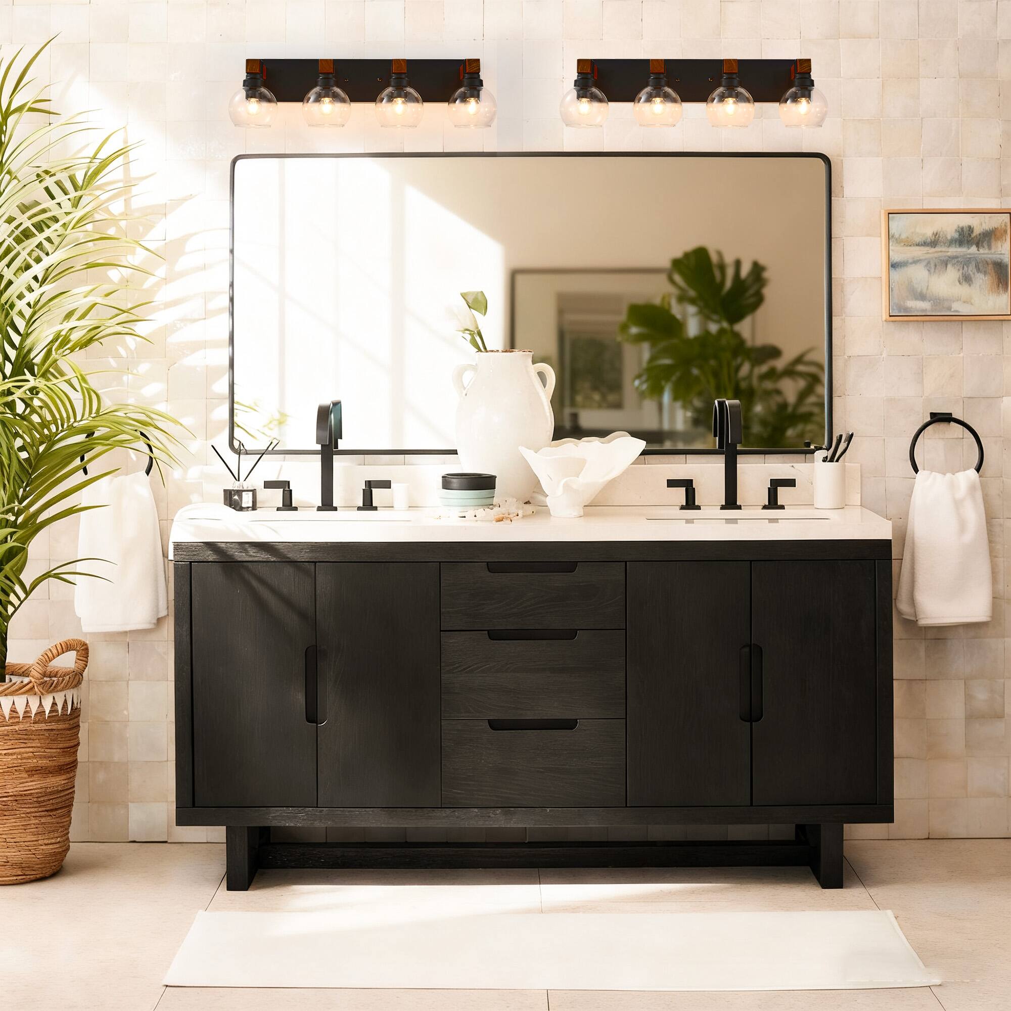 Alt View 3. RYHNUYNE - 4 Light Bathroom Vanity Light Fixtures, Black and Gold Wood Bathroom Light Fixtures Over Mirror, Farmhouse Wall Sconces4 - Black and Gold.