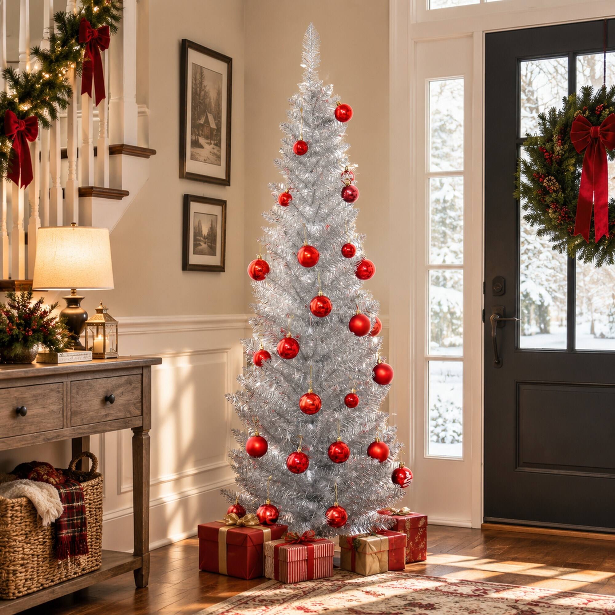 Alt View 1. RYHNUYNE - 5 Ft Slim Pencil Silver Artificial Christmas Tree With 294 Realistic Tips, Plastic Base Easy Setup Holiday Decor - Silver.