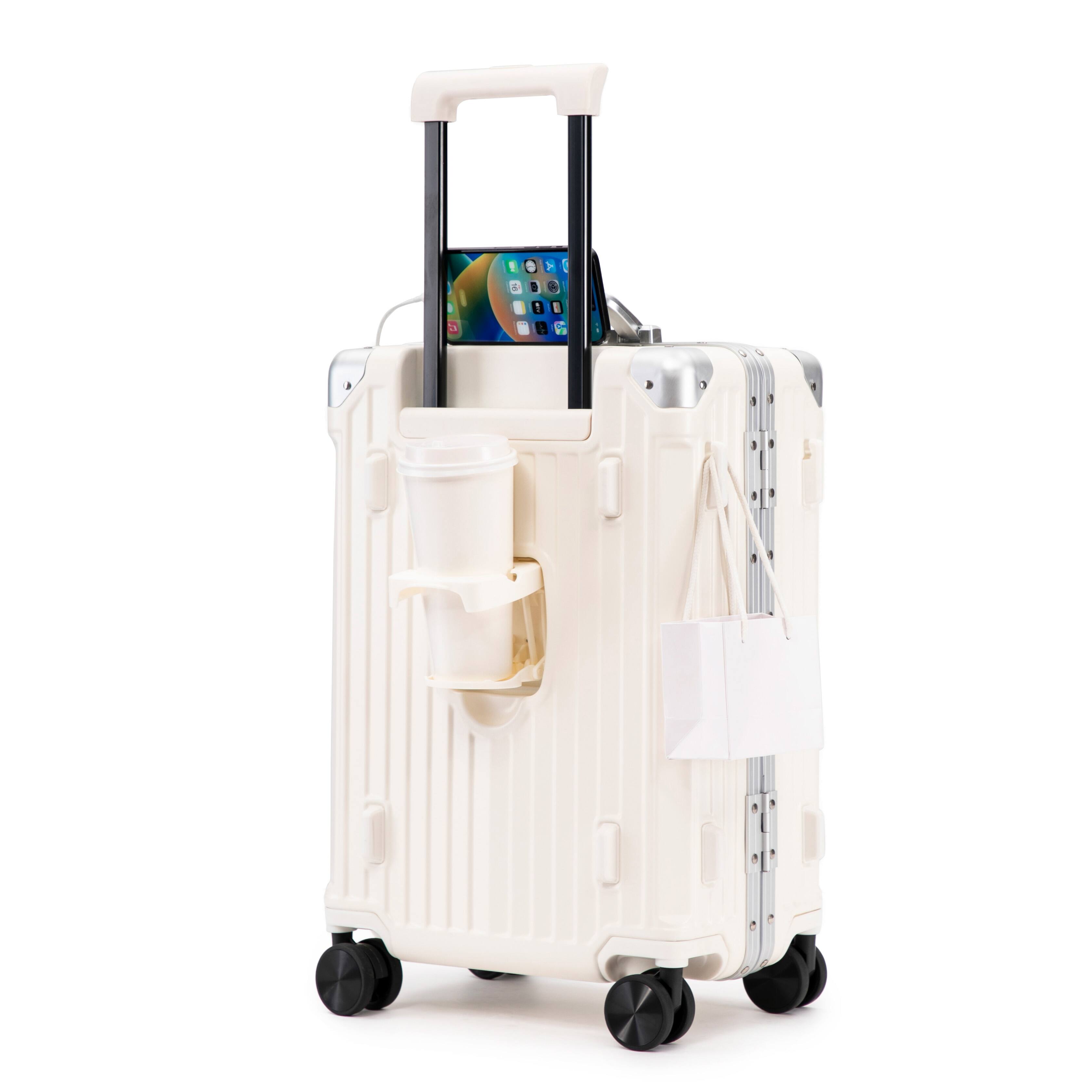 Angle. Z-Edge - 20" Carry On Luggage with Aluminum Frame, Hard Shell Suitcase with Spinner Wheels, USB Charging Port, Cup Holder, Hooks - White.