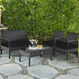 Costway - 4 PCS Outdoor Patio Rattan Furniture Set Cushioned Sofa Coffee Table Garden Deck - Black