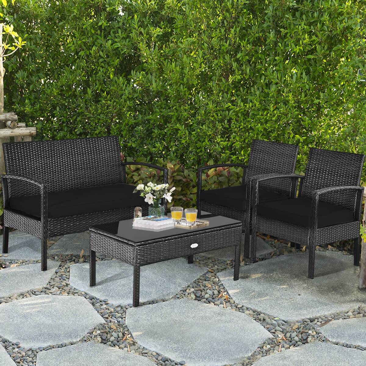 Alt View 1. Costway - Costway 4 PCS Outdoor Patio Rattan Furniture Set Cushioned Sofa Coffee Table Garden Deck - Black.