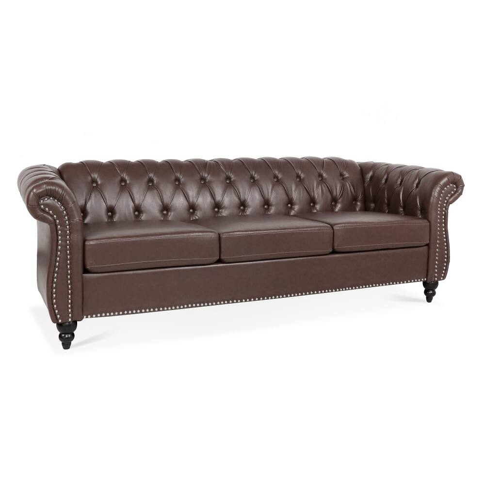 Back. Loheer - Loheer 84.65" Dark Brown PU Leather Chesterfield Sofa, Rolled Arm 3 Seater Couch with Tufted Back for Living Room - Dark Brown.