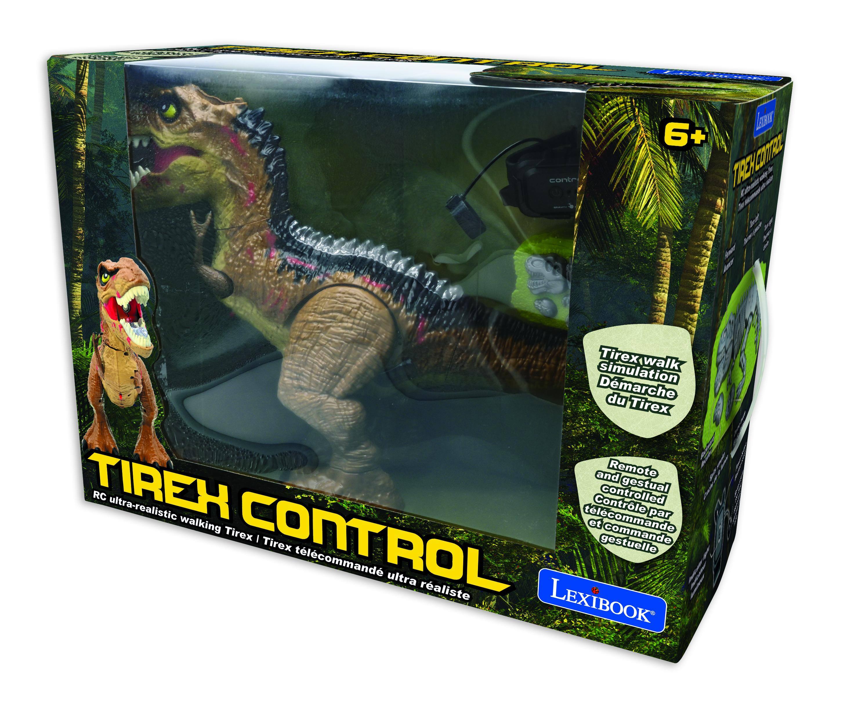 Tyrrex Control  
RC ultra-realistic walking Tyrrex | Tyrrex télécommandé ultra réaliste  

Tyrrex walk simulation  
Démarche du Tyrrex  

Remote and gestual controlled  
Contrôlé par télécommande et gestuelle  

LexiBook