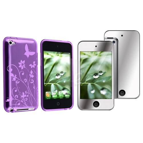 Alt View Standard 20. eForCity - skin and Mirror Screen shield Bundle for iPod Touch 4 - Dark Purple Flower Butterfly.