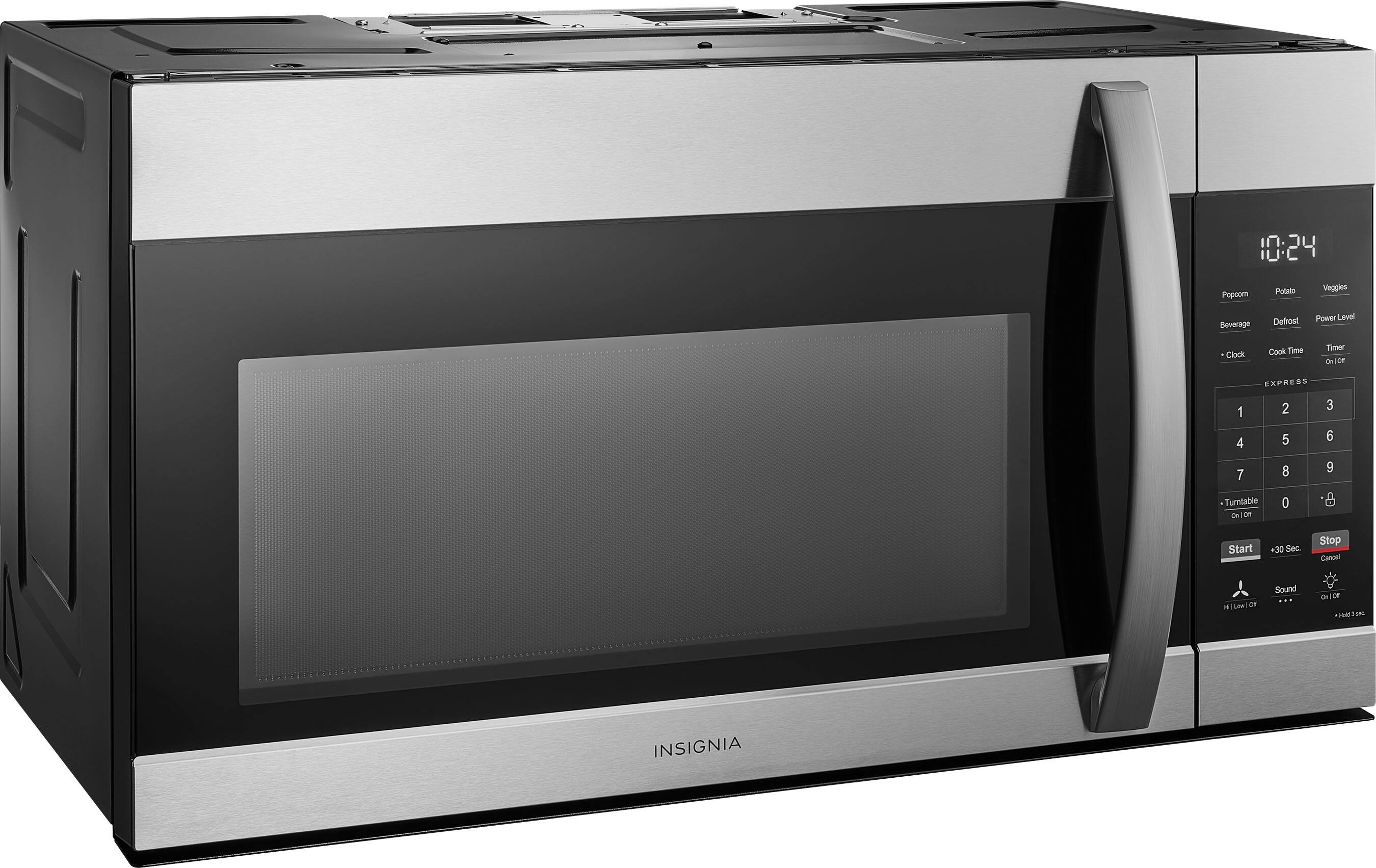 10:24  
Popcorn Potato Veggies Beverage Defrost Power Level Clock Cook Time Timer On/Off  
Express 1 2 3 4 5 6 7 8 9 0  
Turntable On/Off  
Start +30 Sec Stop Cancel  
Sound On/Off  
Hi Low On/Off  
INSIGNIA