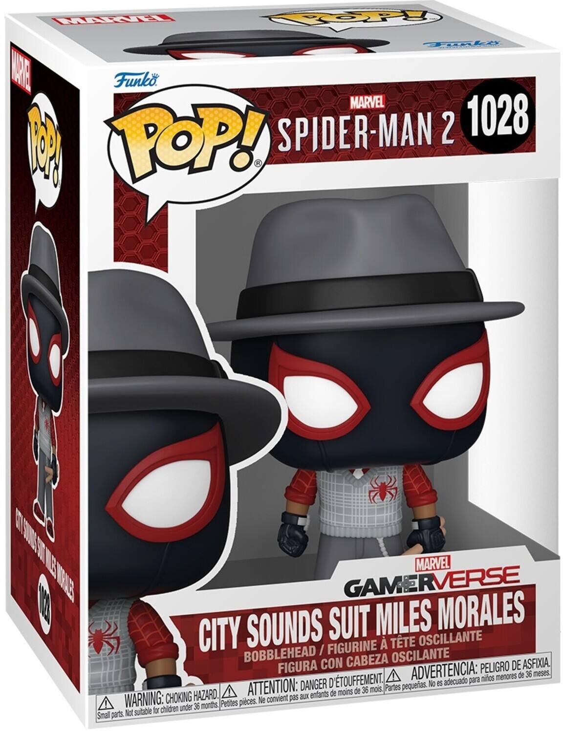 Funko, Marvel, Spider-Man 2, 1028, M, Pop!, Marvel, Gameverse, Suit Miles Morales, City Sounds, Figurine, Bobblehead, Oscillante, Peligro de asfixia, Advertencia: para niños menores de 36 meses, Danger, pequeñas piezas, No es adecuado, Choking hazard, Warning: choking hazard, Not suitable for children under 36 months, Petites pieces, Small parts.