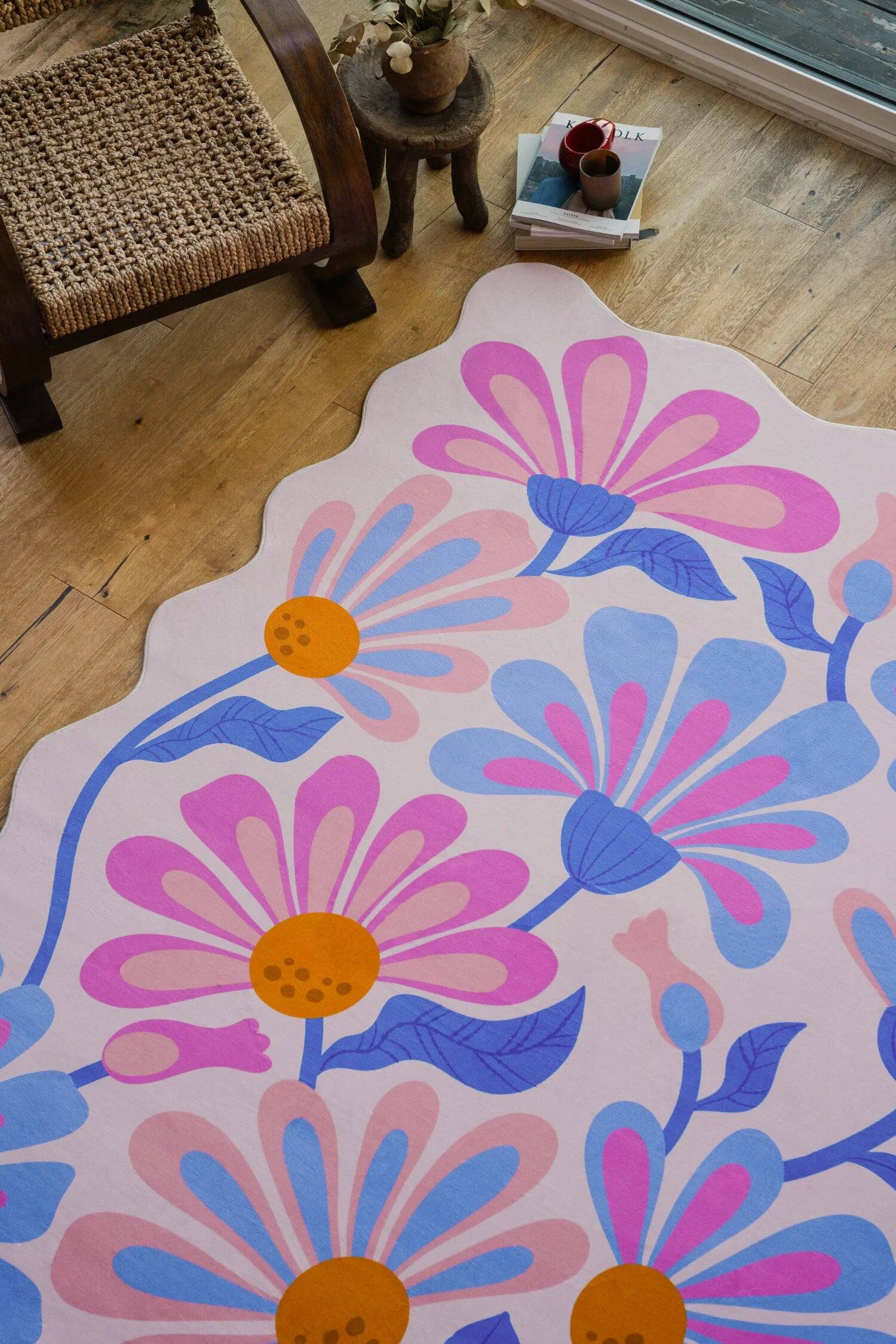 Left. Lanyspace - 7'x10' Area Rug, Washable Rugs, Non-Slip and Tear-Resistant Soft Carpet, Lavender Base Purple Floral Wavy Rug - Multicolor.