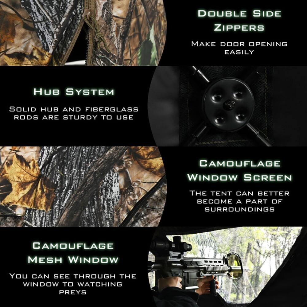 - DOUBLE SIDE ZIPPERS
  - MAKE DOOR OPENING EASILY

- HUB SYSTEM
  - SOLID HUB AND FIBERGLASS RODS ARE STURDY TO USE

- CAMOUFLAGE WINDOW SCREEN
  - THE TENT CAN BETTER BECOME A PART OF SURROUNDINGS

- CAMOUFLAGE MESH WINDOW
  - YOU CAN SEE THROUGH THE WINDOW TO WATCHING PREYS