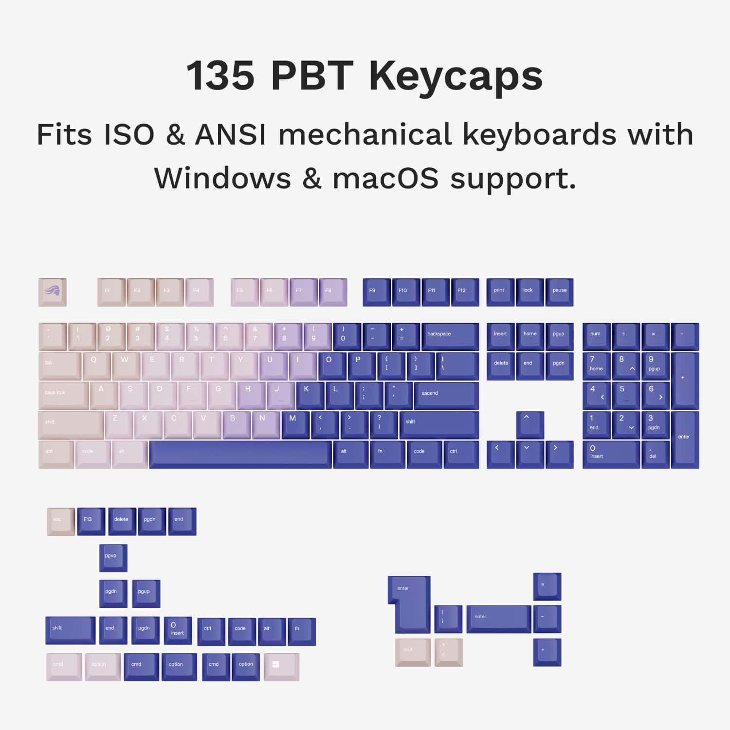 135 PBT Keycaps Fits ISO & ANSI mechanical keyboards with Windows & macOS support.