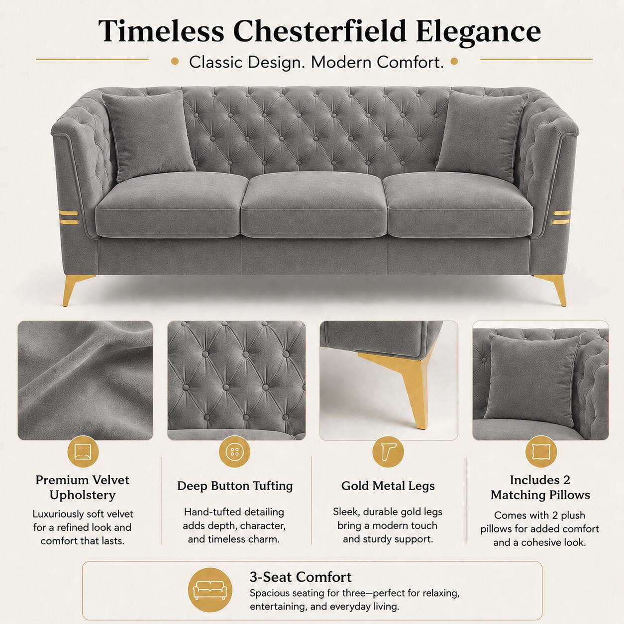 Timeless Chesterfield Elegance  
Classic Design. Modern Comfort.  

Premium Velvet Upholstery  
Luxuriously soft velvet for a refined look and comfort that lasts.  

Deep Button Tufting  
Hand-tufted detailing adds depth, character, and timeless charm.  

Gold Metal Legs  
Sleek, durable gold legs bring a modern touch and sturdy support.  

Includes 2 Matching Pillows  
Comes with 2 plush pillows for added comfort and a cohesive look.  

3-Seat Comfort  
Spacious seating for three—perfect for relaxing, entertaining, and everyday living.