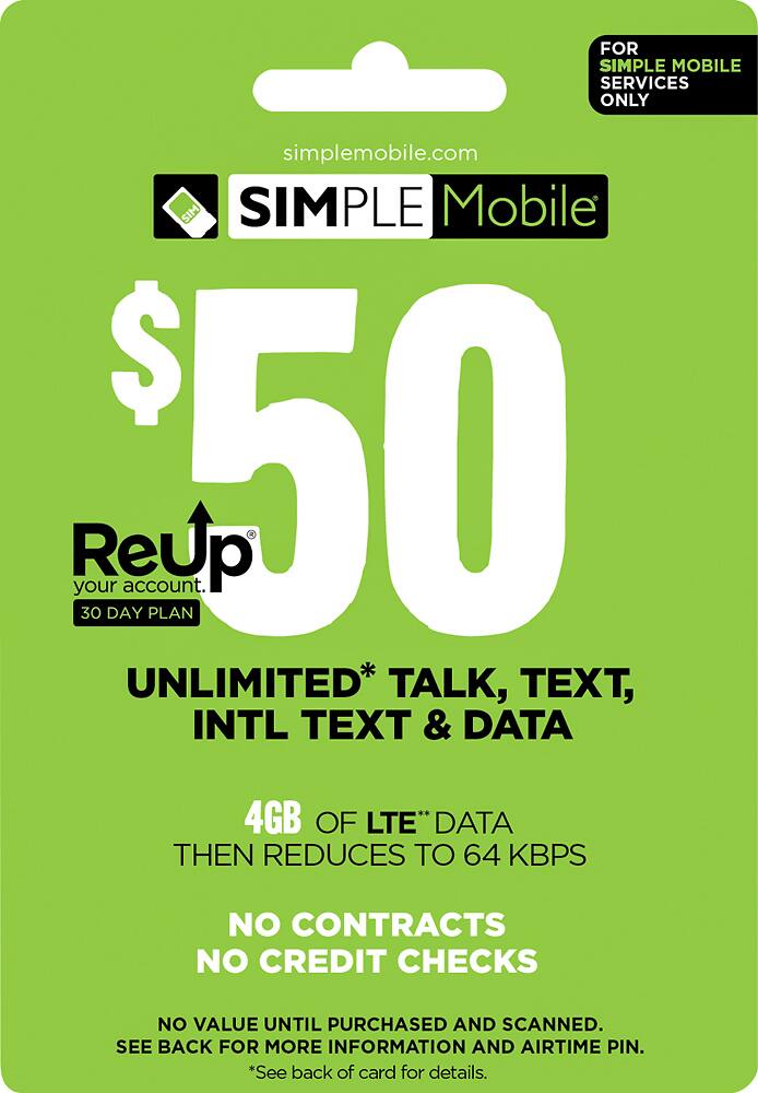 Simple Mobile $50 ReUp Prepaid Card Simple Mobile 50 UNL Talk/Text/Data ...