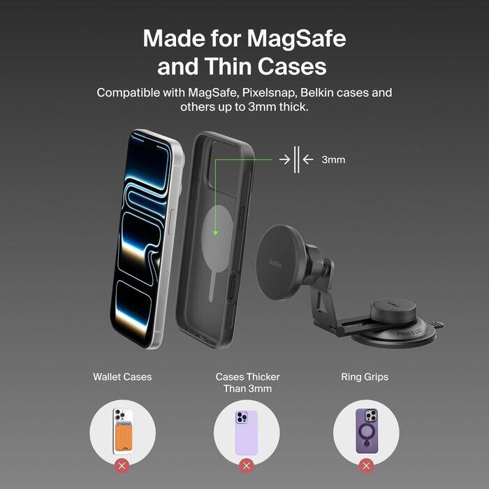 Made for MagSafe and Thin Cases

Compatible with MagSafe, Pixelsnap, Belkin cases and others up to 3mm thick.

3mm

PressaLoc

Wallet Cases

Cases Thicker Than 3mm

Ring Grips

X

X

X