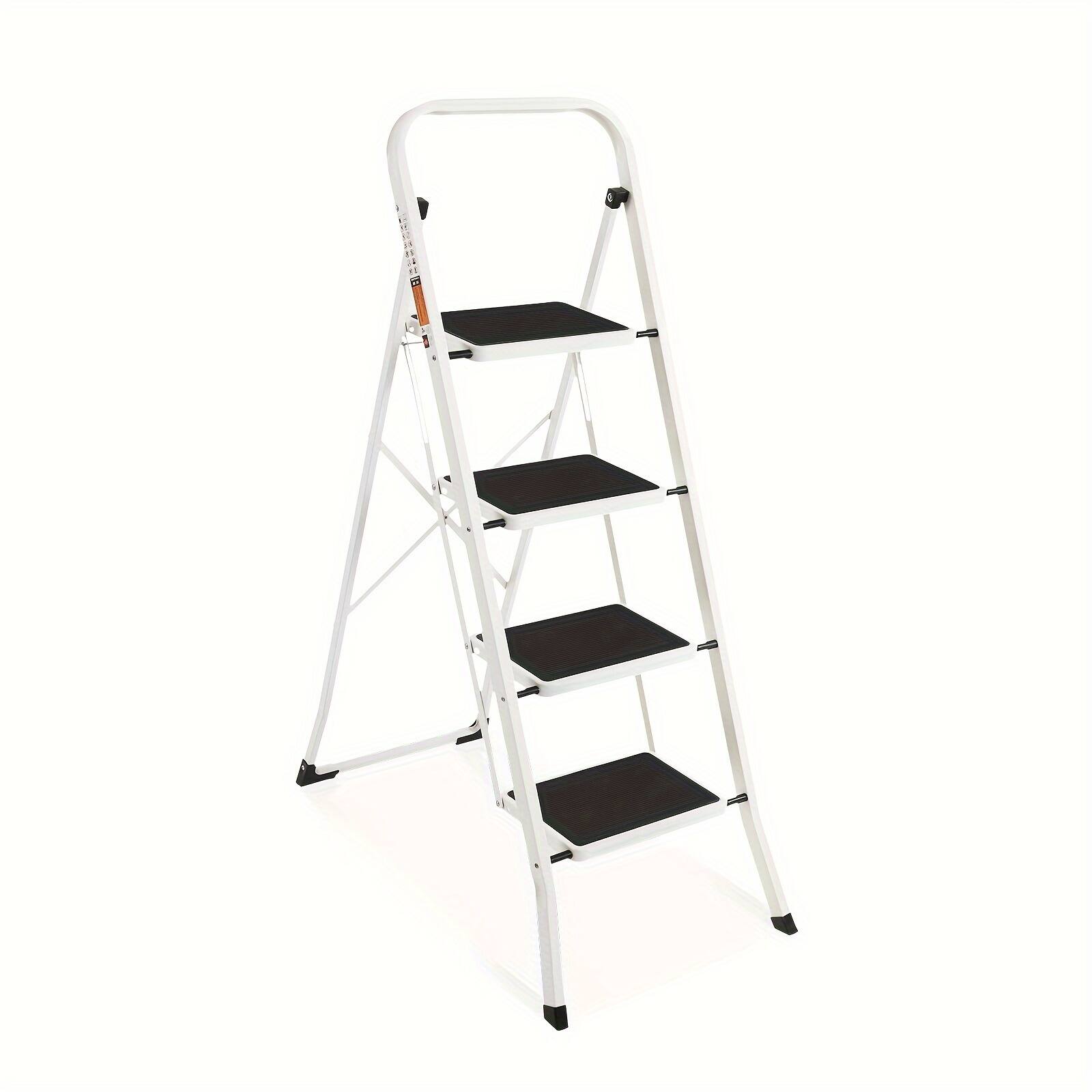 Brick Attic - Four-Step Folding Ladder with Handrails and Non-Slip Steps,Sturdy Portable Ladder, 330 lbs Capacity - White