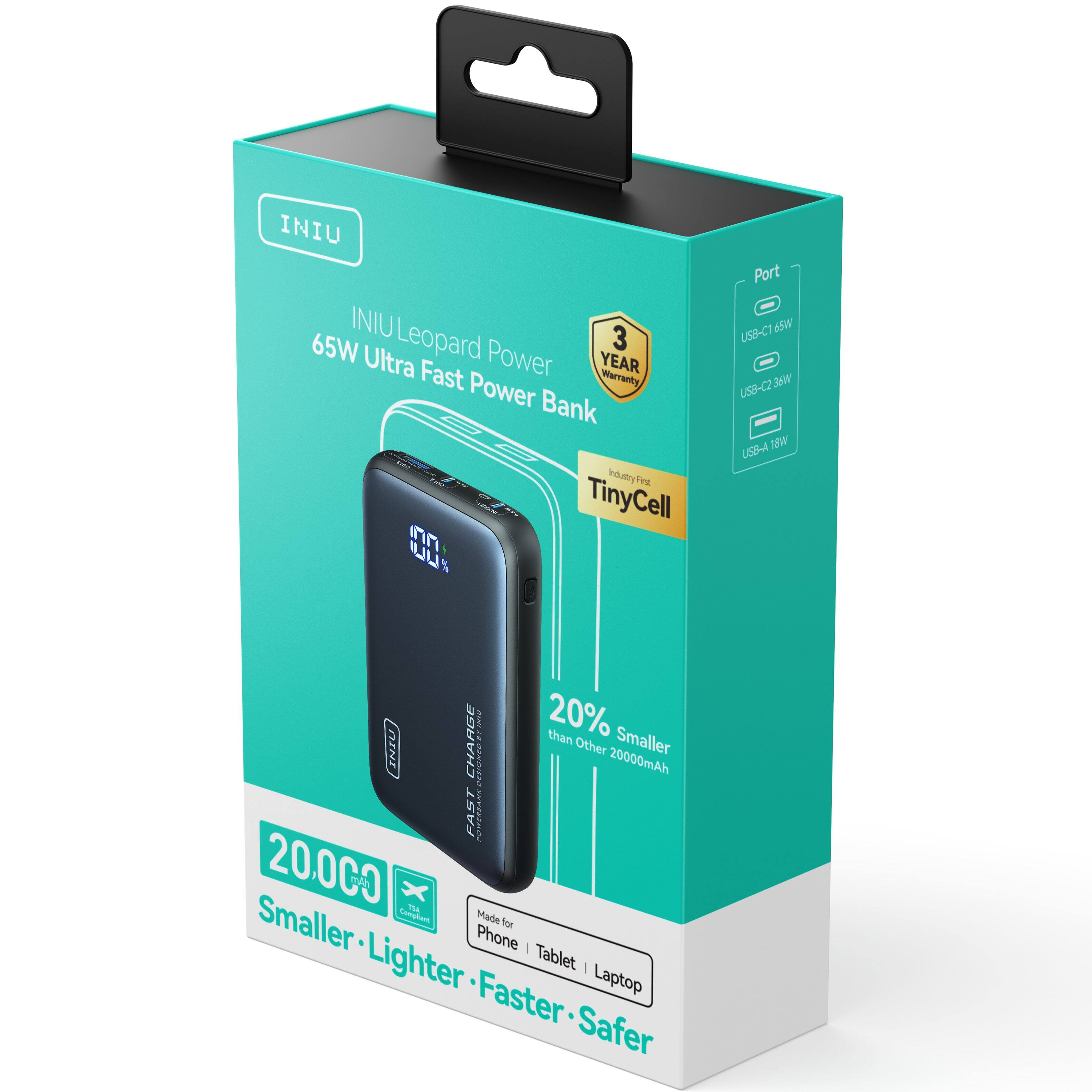 INIU Leopard Power Bank
65W Ultra Fast Power Bank
TinyCell
3 YEAR Warranty
Port
USB-C1: 65W
USB-C2: 30W
USB-A1: 18W
20% Smaller than Other 20000mAh
20000mAh
Smaller - Lighter - Faster - Safer
Made for Phone Tablet Laptop
Industry first