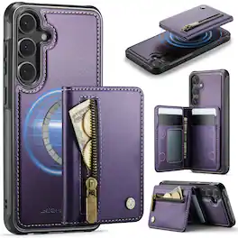 Dteck - Magnetic Wallet Case for Samsung Galaxy S25+,Detachable 2-in-1 Folio Cover with Zipper Pocket,RFID Blocking&Card Holder - Purple
