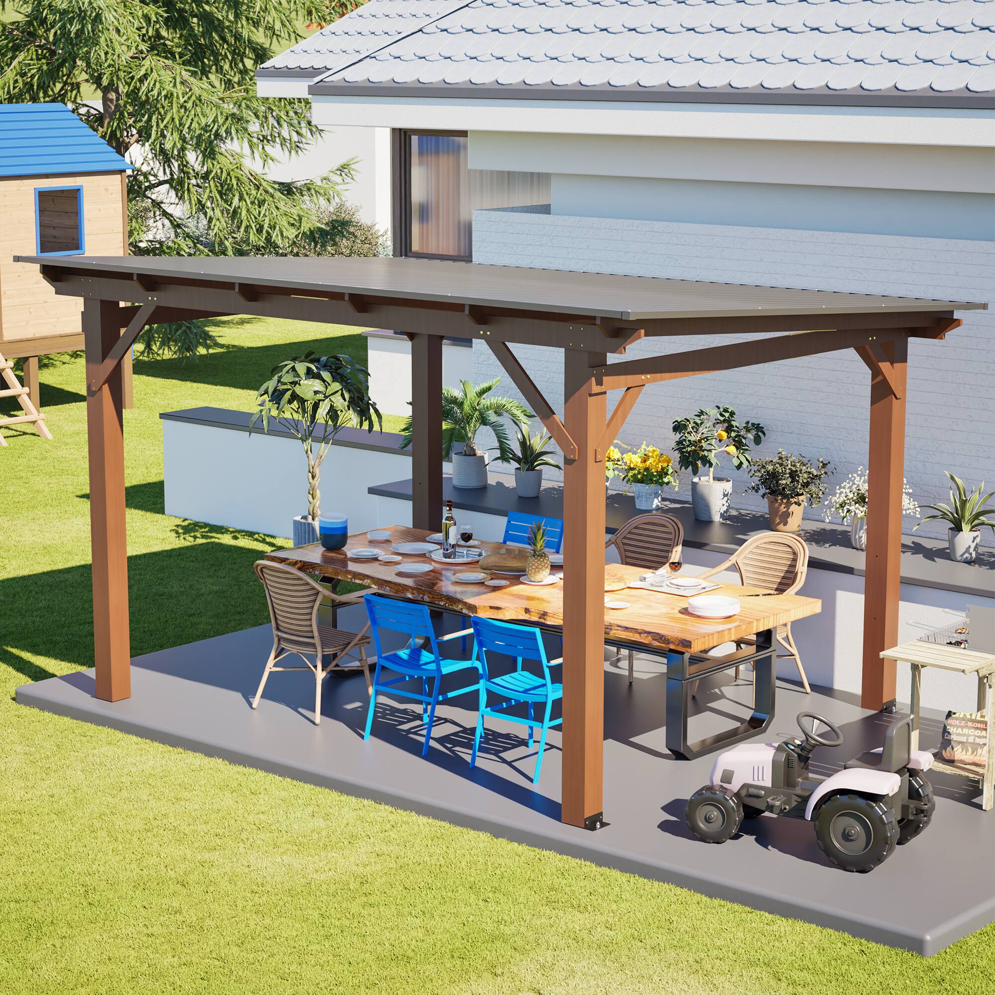 Left. Anysun - 13x10ft Wooden Garden Gazebo with Metal Roof – Spacious Outdoor Patio Shade Structure for Backyard & Garden - Brown.