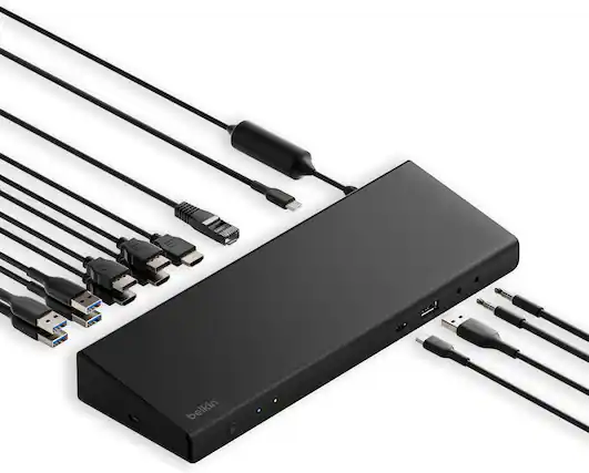 Front. Belkin - 15-in-1 Universal Triple Display DisplayLink Docking Station Hub w/ 3 HDMI Ports, 2 DisplayPorts for Triple 4K Display - Black.