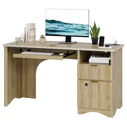 Front. Bestier - 65 Inch Smart Executive Desk with Fingerprint Lock & Built-in Power Outlet - Natual Oak.