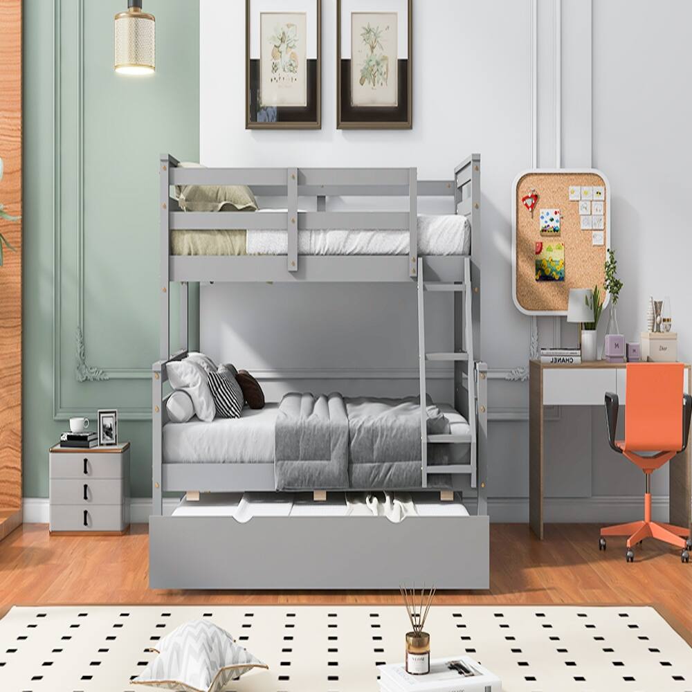 Alt View 1. Loheer - Loheer Twin Over Full Bunk Bed with Trundle, Gray Wooden Bunk Bed with Ladder and Guardrail - Gray.