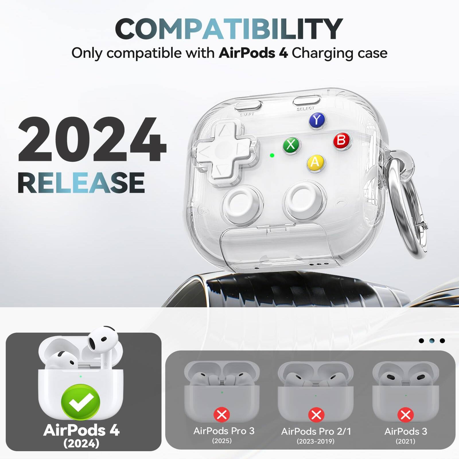 COMPATIBILITY  
Only compatible with AirPods 4 Charging case  

2024 RELEASE  

AirPods 4 (2024) ✓  
AirPods Pro 3 (2025) ❌  
AirPods Pro 2/1 (2023-2019) ❌  
AirPods 3 (2021) ❌