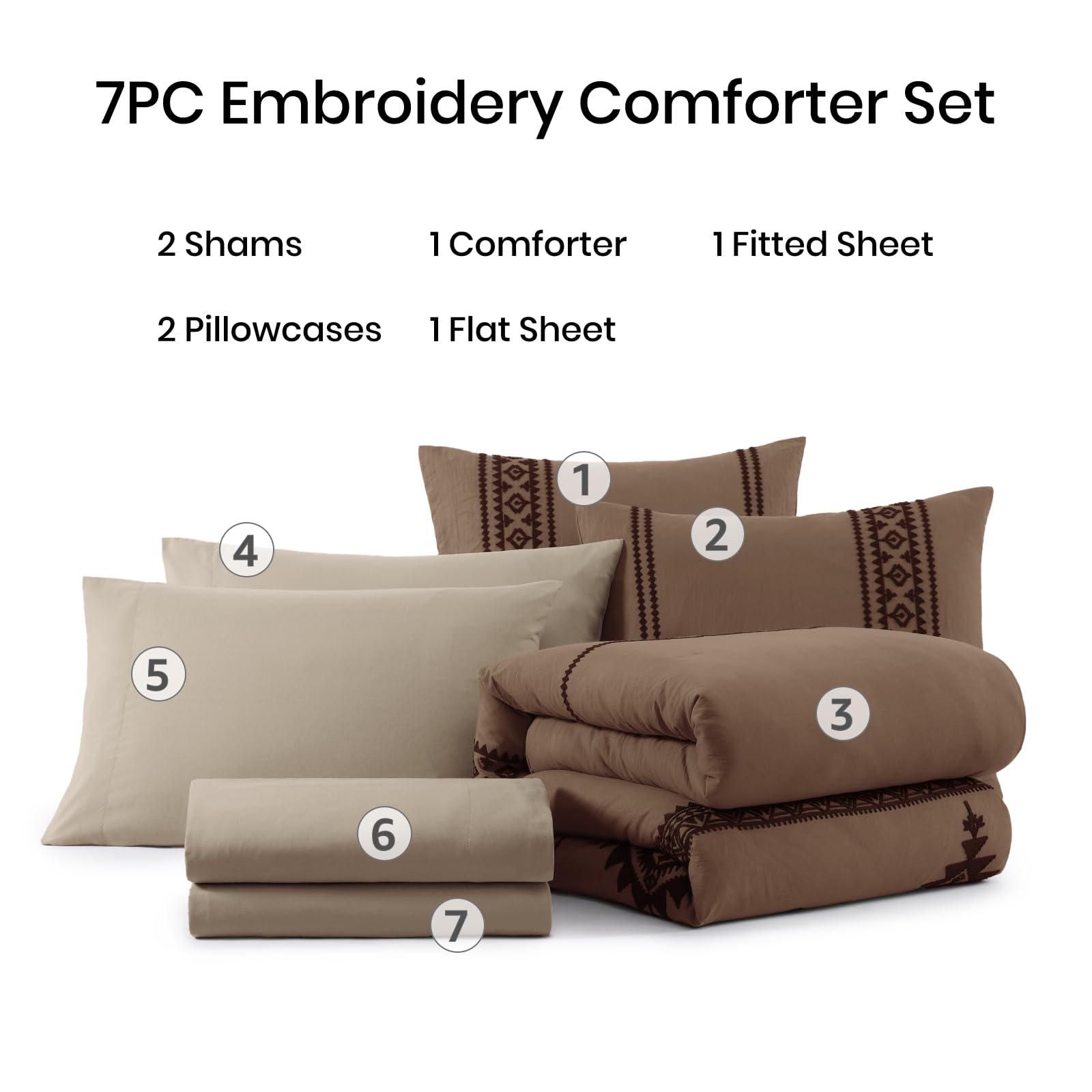 7PC Embroidery Comforter Set

2 Shams  
1 Comforter  
1 Fitted Sheet  
2 Pillowcases  
1 Flat Sheet  

1  
2  
3  
4  
5  
6  
7