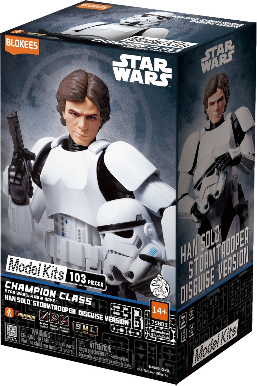 BLOKEES  
Model Kits 103 Pieces  
STAR WARS  
HAN SOLO STORMTROOPER DISGUISE VERSION  
CHAMPION CLASS  
STAR WARS: A NEW HOPE  
14+  
75803  
Dimensions: 16 cm / 6.3 inch  
WARNING: CHOKING HAZARD - Small parts. Not for children under 3 years.  
ATTENTION: RISQUE D'ÉTOUFFEMENT - Petites pièces. Déconseillé aux enfants de moins de 3 ans.  
GENUINE LICENSE © & TM Lucasfilm Ltd.