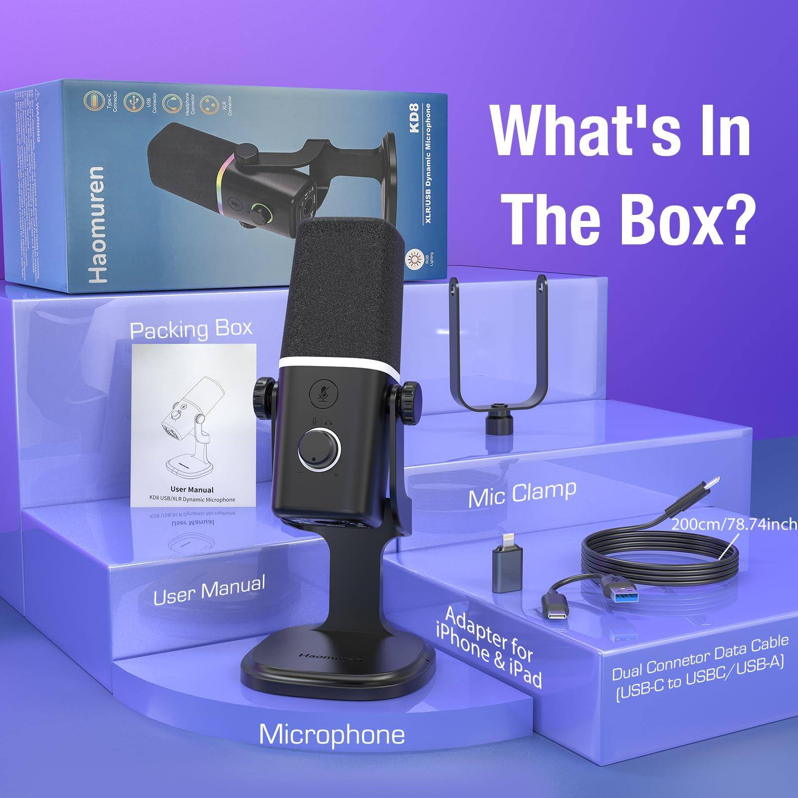 Sure, here is the corrected and grouped text from the image:

---

**What's In The Box?**

- **Packing Box**
- **User Manual**
- **Microphone**
- **Mic Clamp**
- **Adapter for iPhone & iPad**
- **Dual Connector Data Cable (USB-C to USB-C/USB-A)**
- **200cm/78.74inch**

---

This text is organized to reflect the contents of the box as shown in the image.