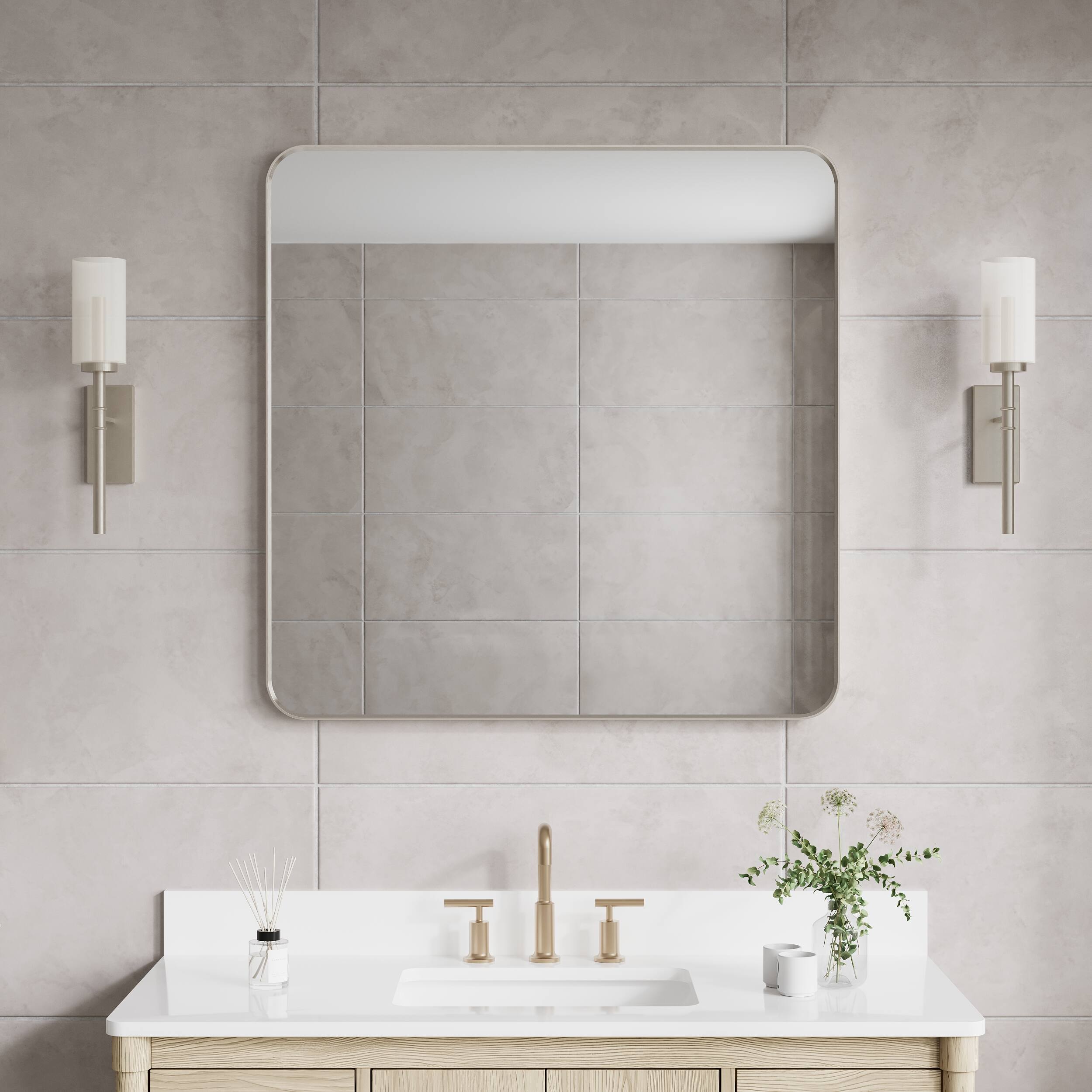 Angle. WELLFOR - 36 in. W x 36 in. H Square Aluminum Framed Wall-Mounted Bathroom Vanity Mirror - Brushed Nickel.