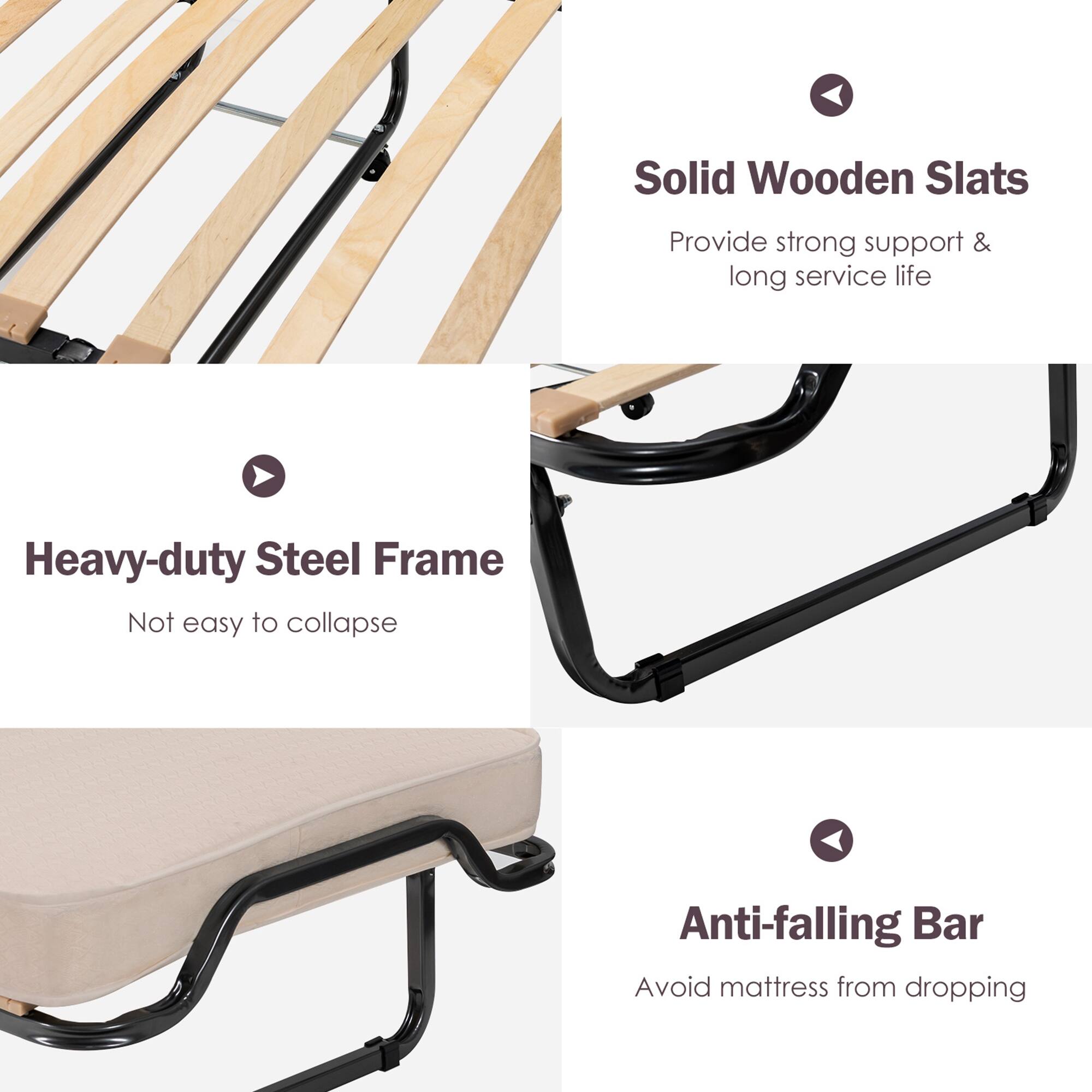 Solid Wooden Slats Provide strong support & long service life

Heavy-duty Steel Frame Not easy to collapse

Anti-falling Bar Avoid mattress from dropping