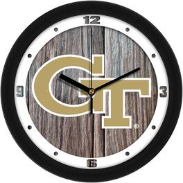 MpDirect - Georgia Tech Yellow Jackets 11.5'' Suntime Premium Glass Face Weathered Wood Wall Clock - Multicolor