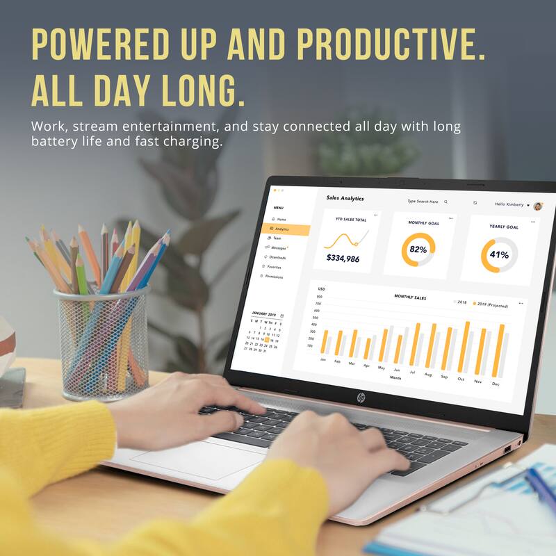 POWERED UP AND PRODUCTIVE.  
ALL DAY LONG.  

Work, stream entertainment, and stay connected all day with long battery life and fast charging.  

Sales Analytics  
- YTD SALES TOTAL: $334,986  
- MONTHLY GOALS: 82%  
- YEARLY GOAL: 41%  

MONTHLY SALES  
2018 | 2019 (Projected)  
Jan | Feb | Mar | Apr | May | Jun | Jul | Aug | Sep | Oct | Nov | Dec