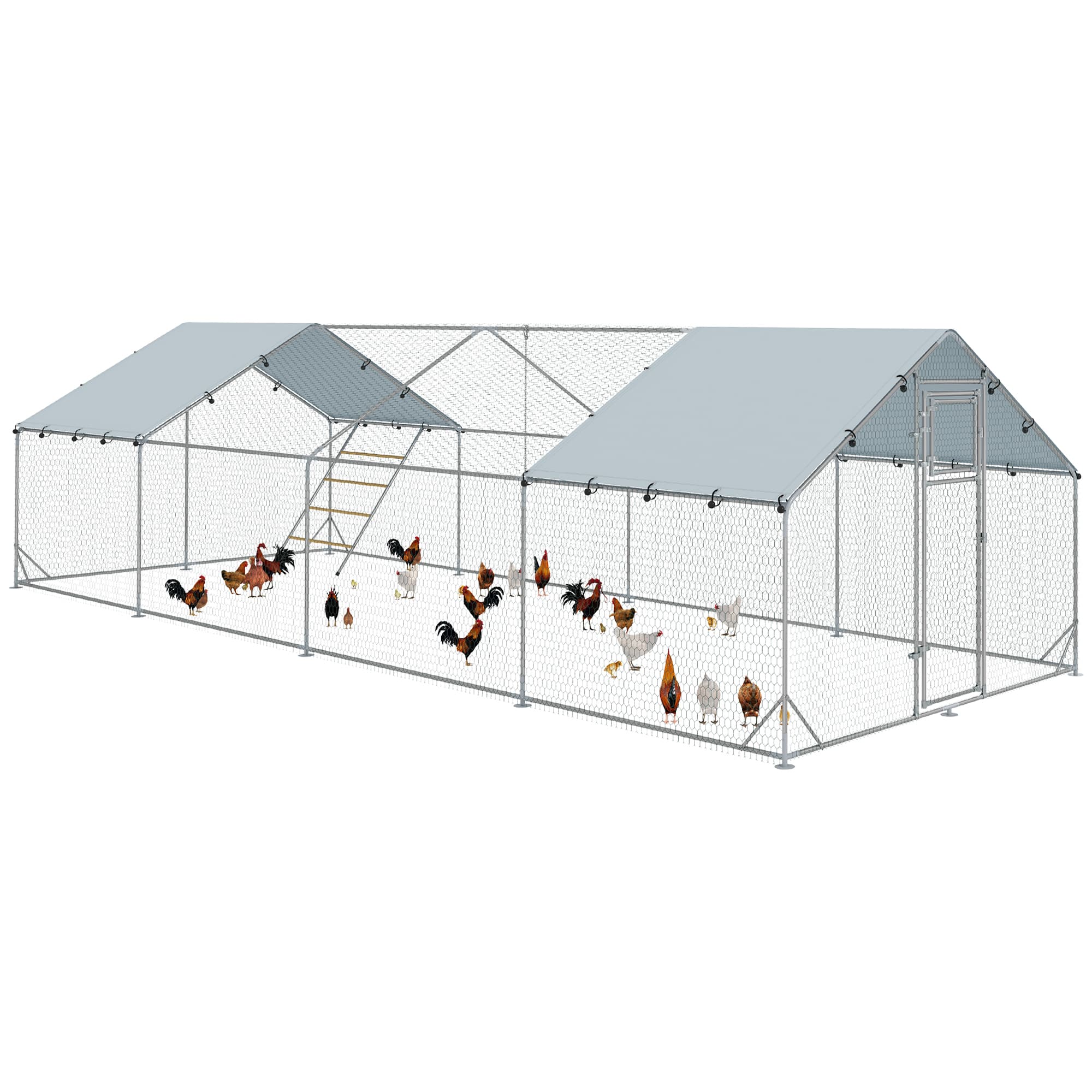 Front. Pawhut - Large Metal Chicken Coop, Walk in Chicken Run with Waterproof & Anti-UV Cover, Feeding Door, Hanging Feeder - Silver.