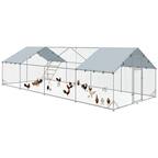 Front. Pawhut - Large Metal Chicken Coop, Walk in Chicken Run with Waterproof & Anti-UV Cover, Feeding Door, Hanging Feeder - Silver.