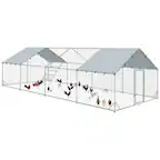 Front. Pawhut - Large Metal Chicken Coop, Walk in Chicken Run with Waterproof & Anti-UV Cover, Feeding Door, Hanging Feeder - Silver.