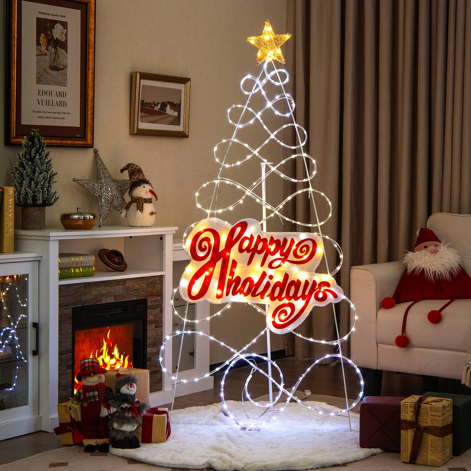 The text on the image is not related to the content of the image. It is a piece of text that does not provide any context or information about the scene. The image features a Christmas tree with lights and a fireplace, along with a Santa Claus figurine and a star.