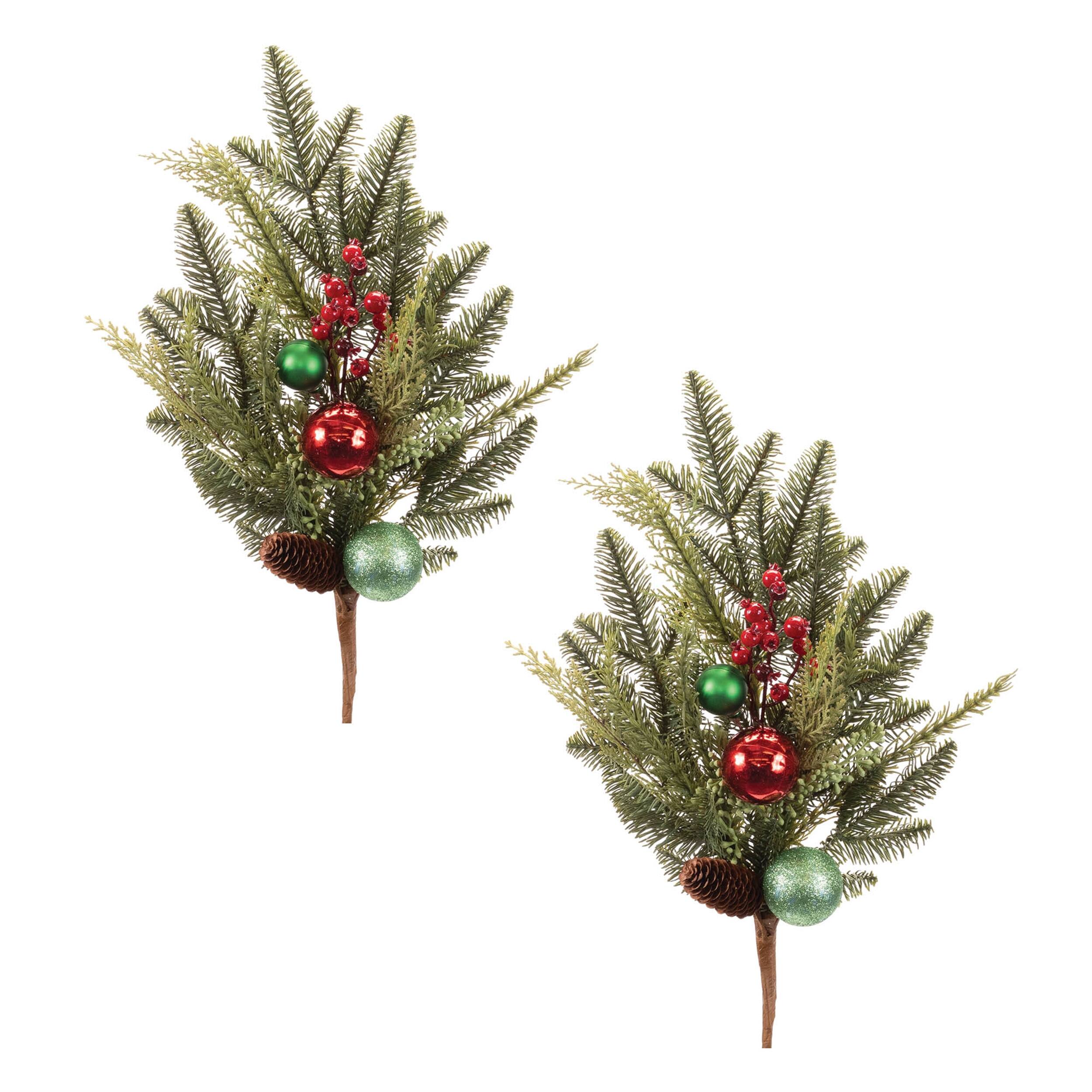 Left. BreeBe - Pine and Ball Ornament Spray (Set of 2) - Green, Red.