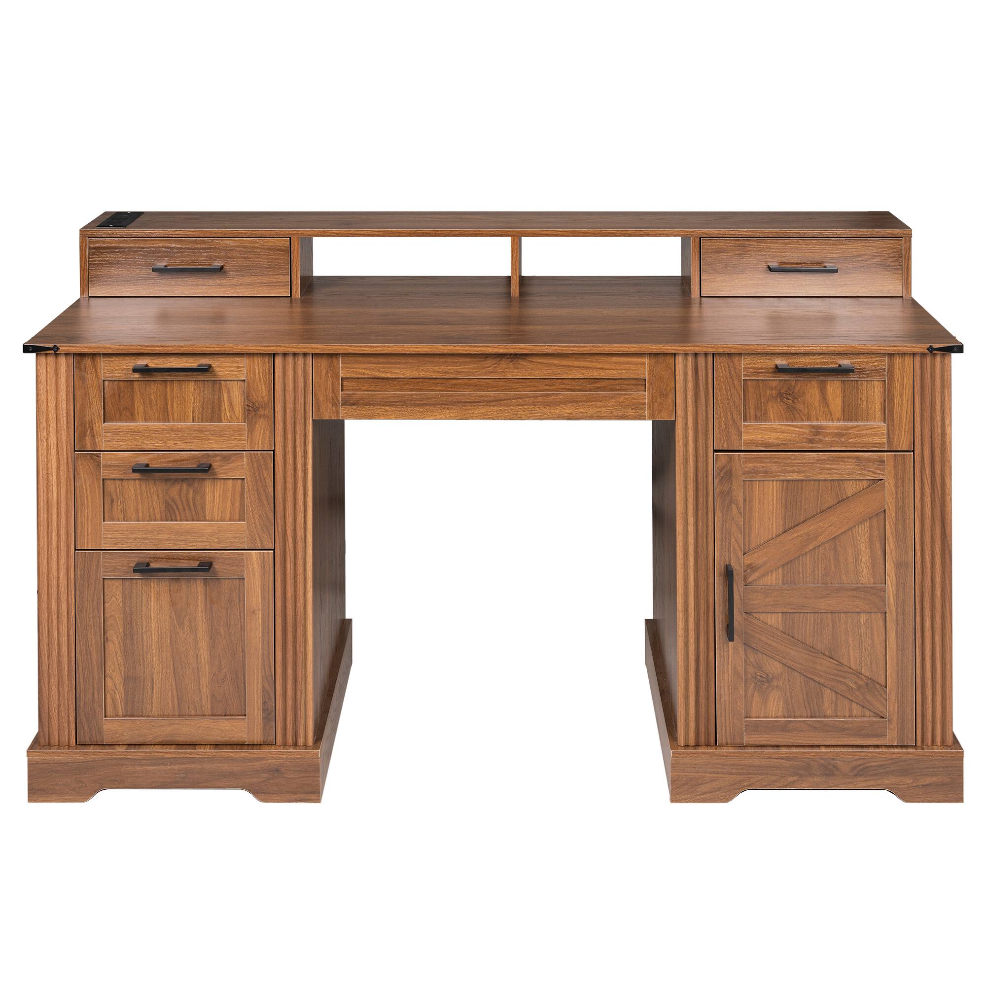 Alt View 8. Loheer - Loheer Farmhouse Office Desk, 59 Inch Office Desk with Charging Station, File Drawer, Keyboard Tray, Monitor Stand - Dark Walnut.