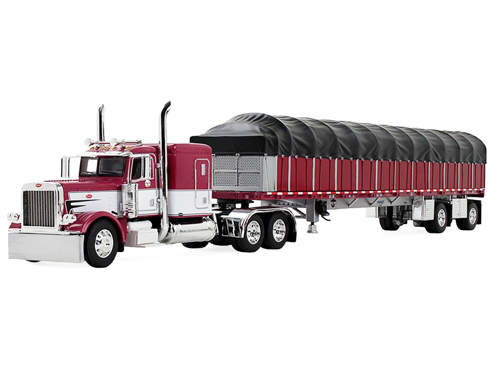 Alt View 3. First Gear - Peterbilt 389 w/63" Flat Top Sleeper & 53’ Wilson Flatbed Trailer w/Wagon Maroon w/White 1/64 Model by DCP/First Gear.