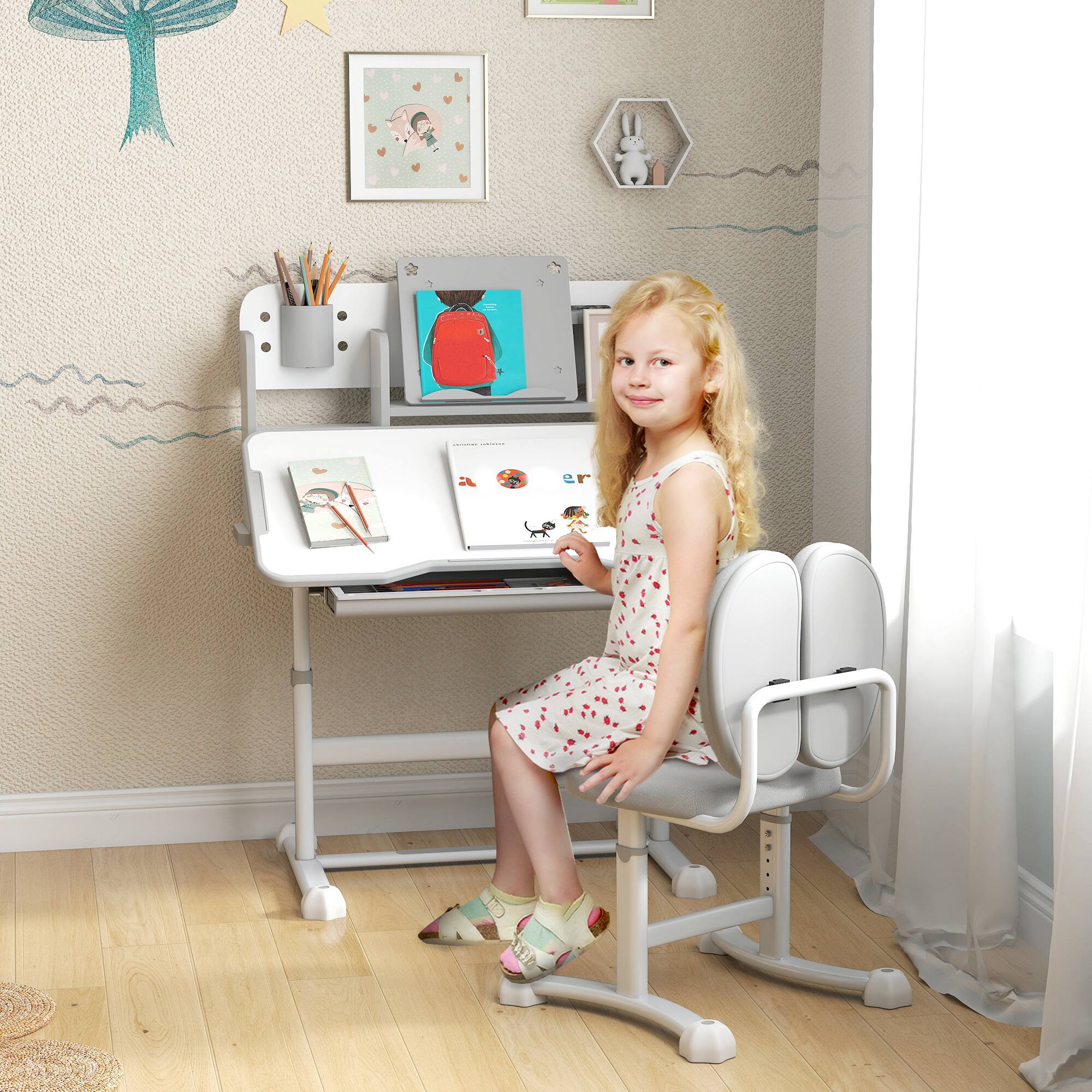 Angle. Qaba - Kids Desk and Chair Set, Height Adjustable, School Study Desk and Chair, Tilt Desktop, Storage Drawer - Gray.
