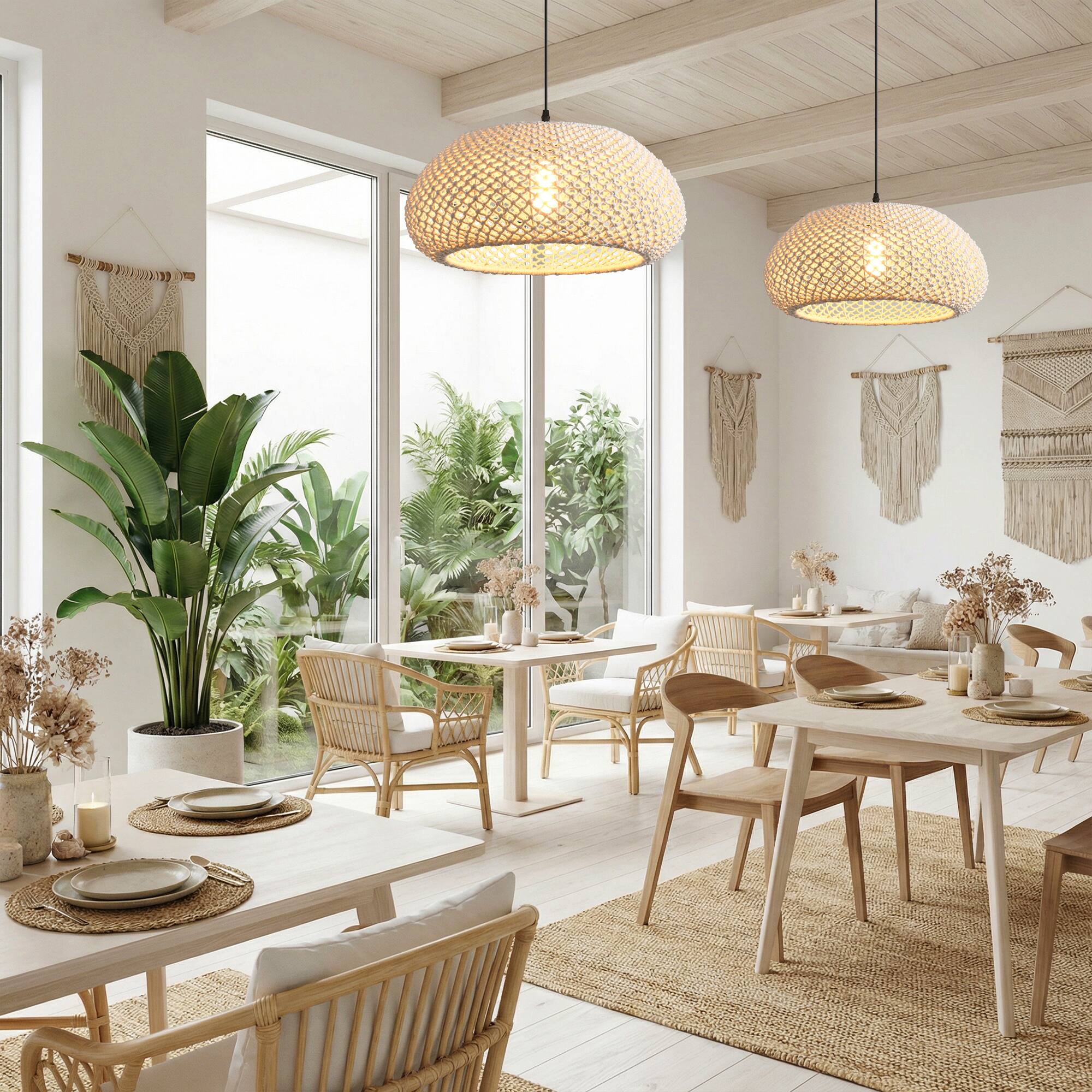 Left. Parrot Uncle - 1-Light Rustic Beige Hand-Woven Cotton Hanging Basket Pendant Light.