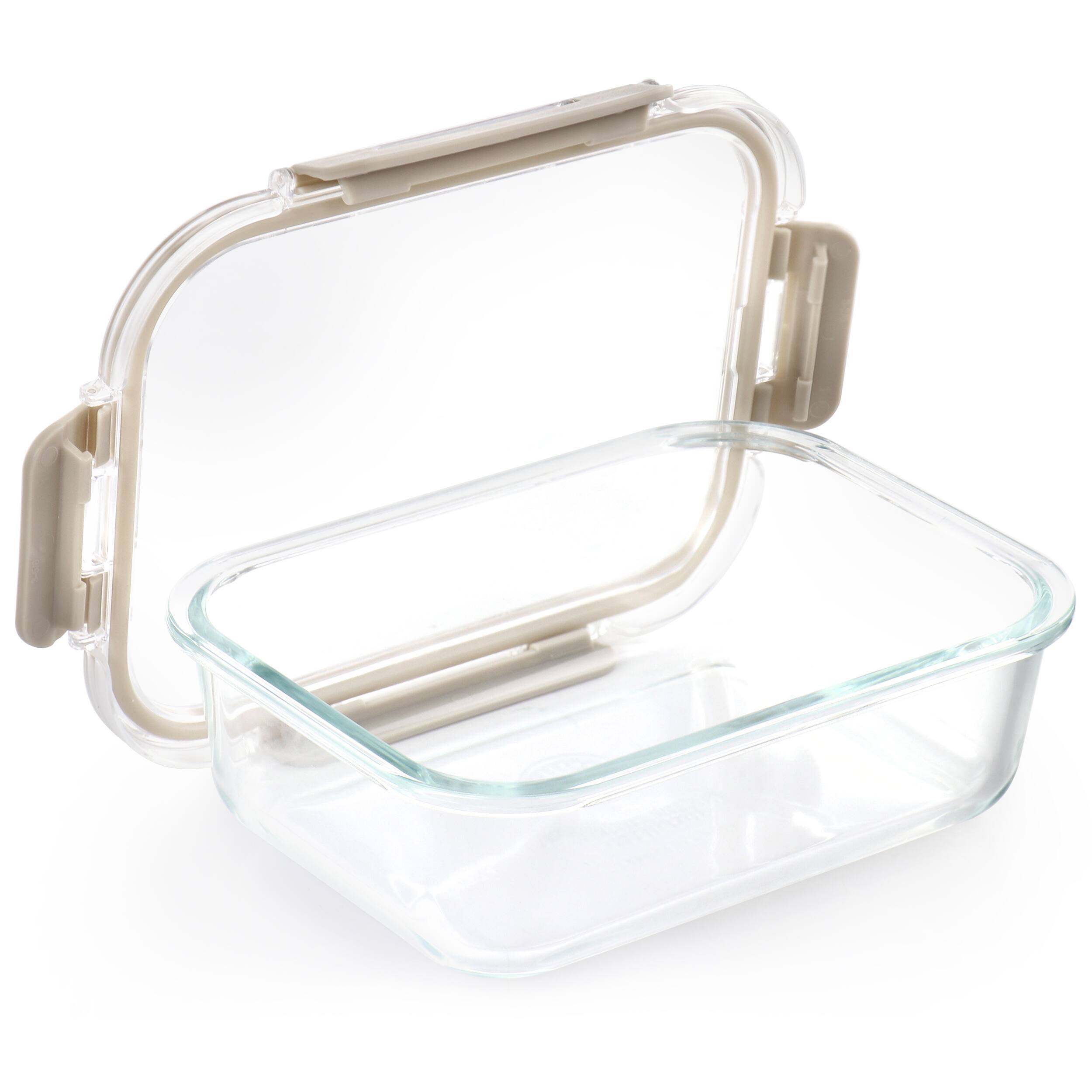 Left. Martha Stewart - Martha Stewart 35 Ounce Rectangular Glass Container with Snap-On Lid in Taupe - Tan.