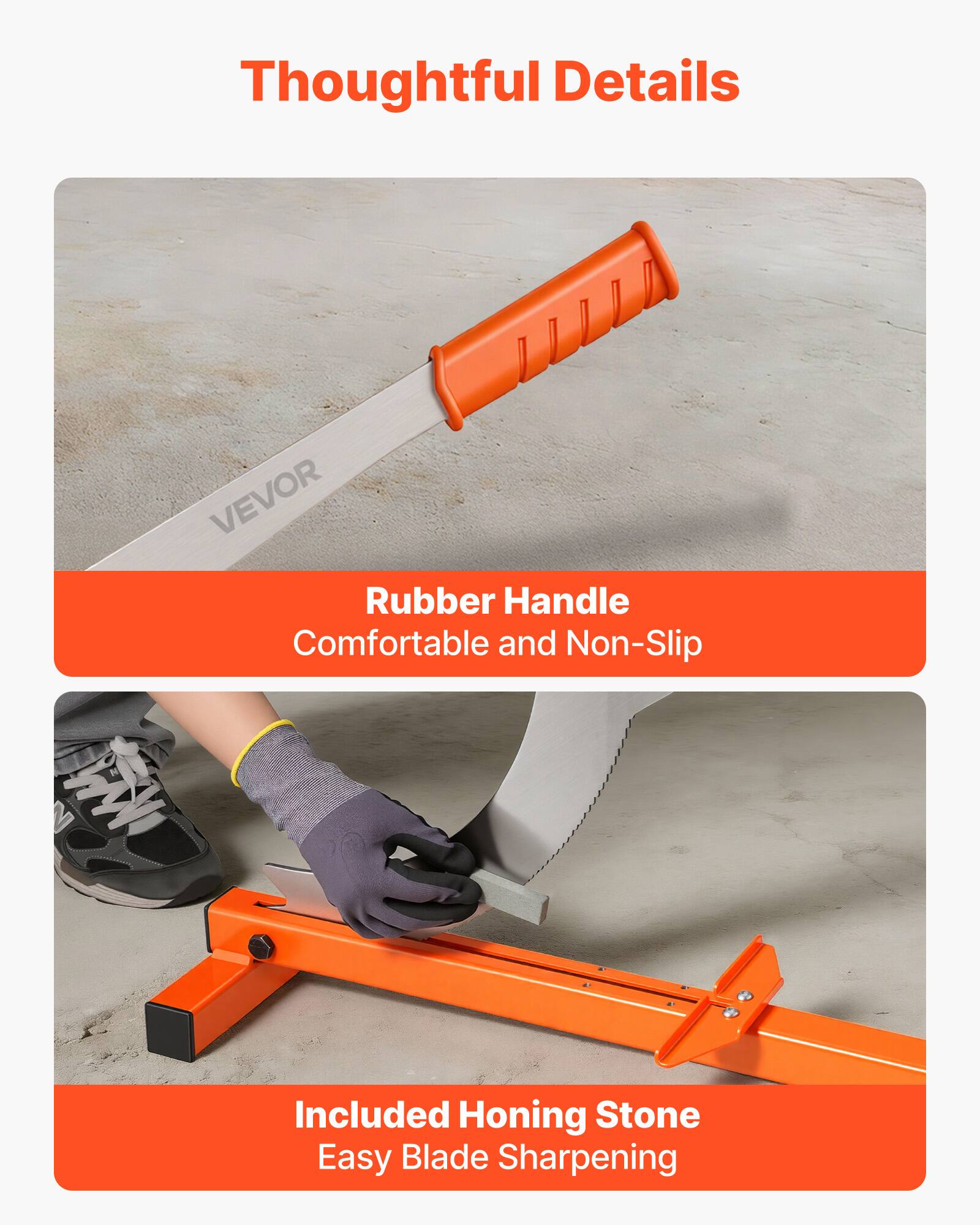 Thoughtful Details

- Rubber Handle
  - Comfortable and Non-Slip

- Included Honing Stone
  - Easy Blade Sharpening
