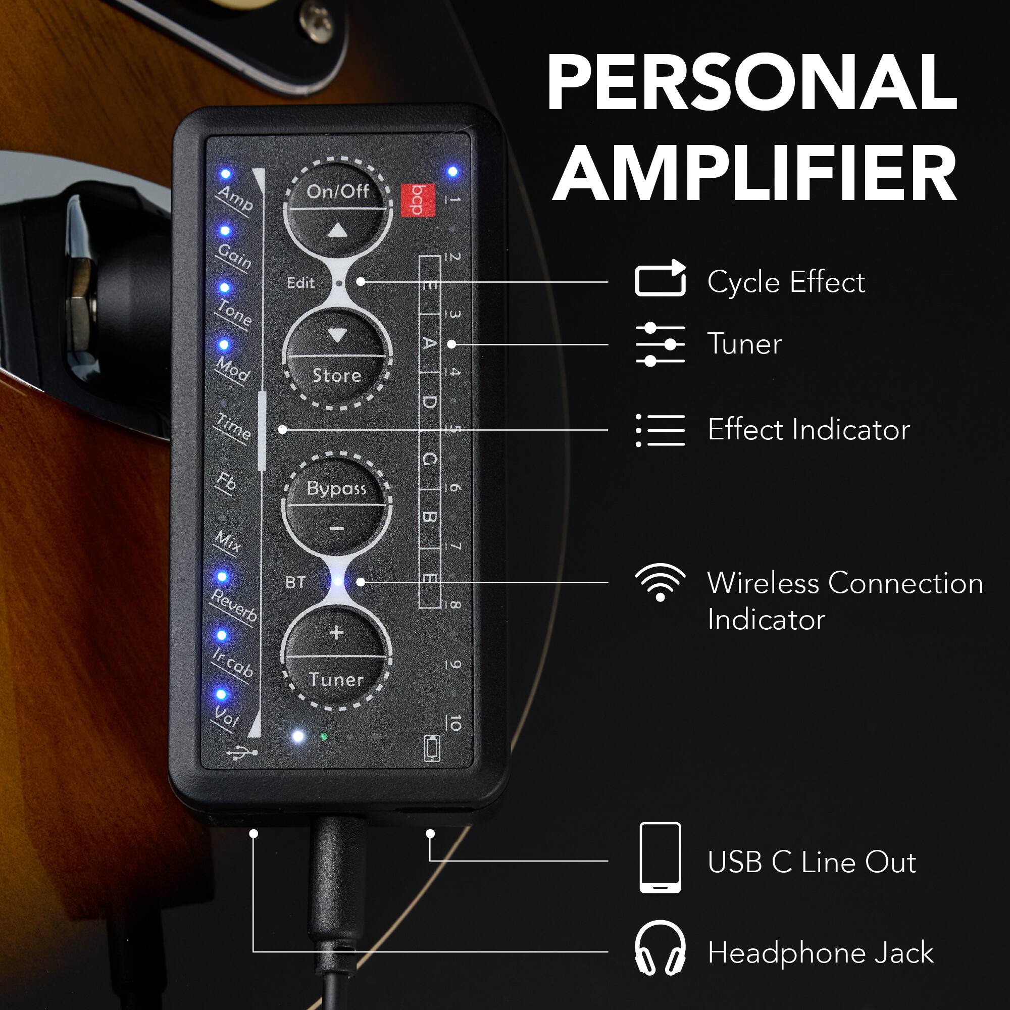 - Amp
- Gain
- Tone
- Mod
- Time
- Fb
- Mix
- Reverb
- Ir cab
- Vol
- On/Off
- Edit
- Store
- Bypass
- BT
- Tuner

- Cycle Effect
- Tuner
- Effect Indicator
- Wireless Connection Indicator
- USB C Line Out
- Headphone Jack